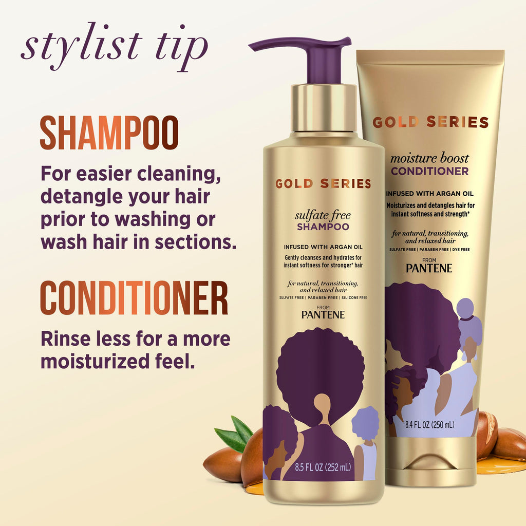 Pantene Gold Series Argan Oil from ProV for Natural and Curly Textured Hair, Sulfate Free Shampoo