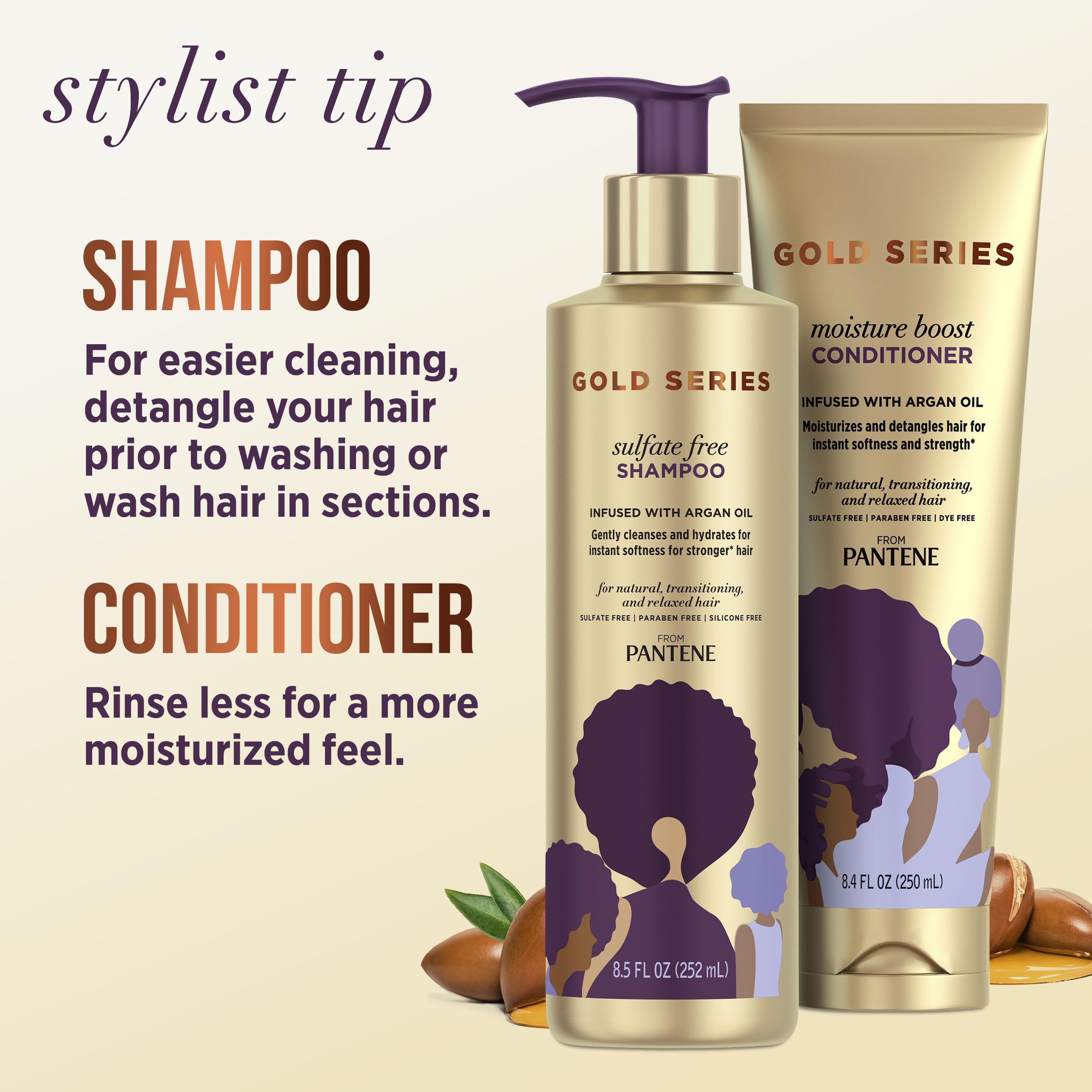 Pantene Gold Series Argan Oil from ProV for Natural and Curly Textured Hair, Sulfate Free Shampoo