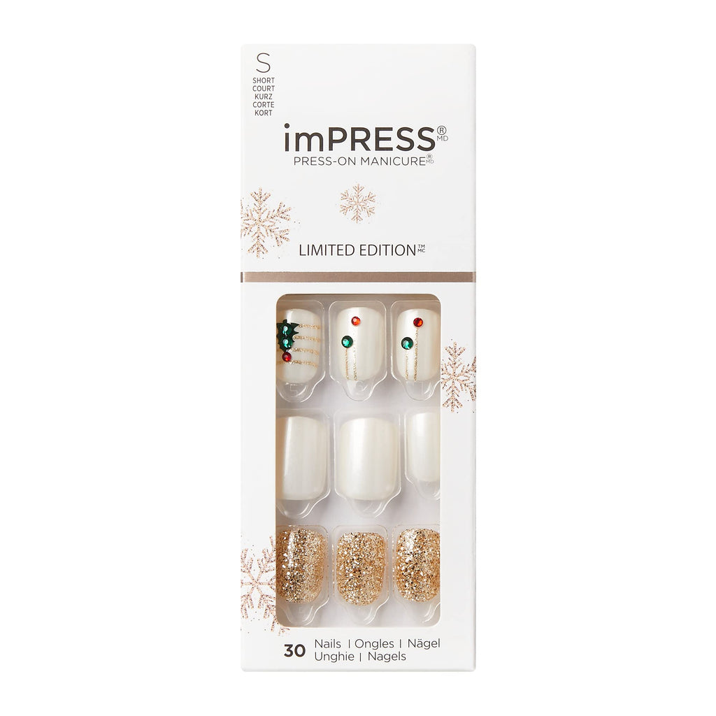 KISS imPRESS Limited Edition Holiday Press-On Nails, Short Size Square Fake Nails, with Prep Pad, Mini Nail File, Cuticle Stick, & 30 False Nails