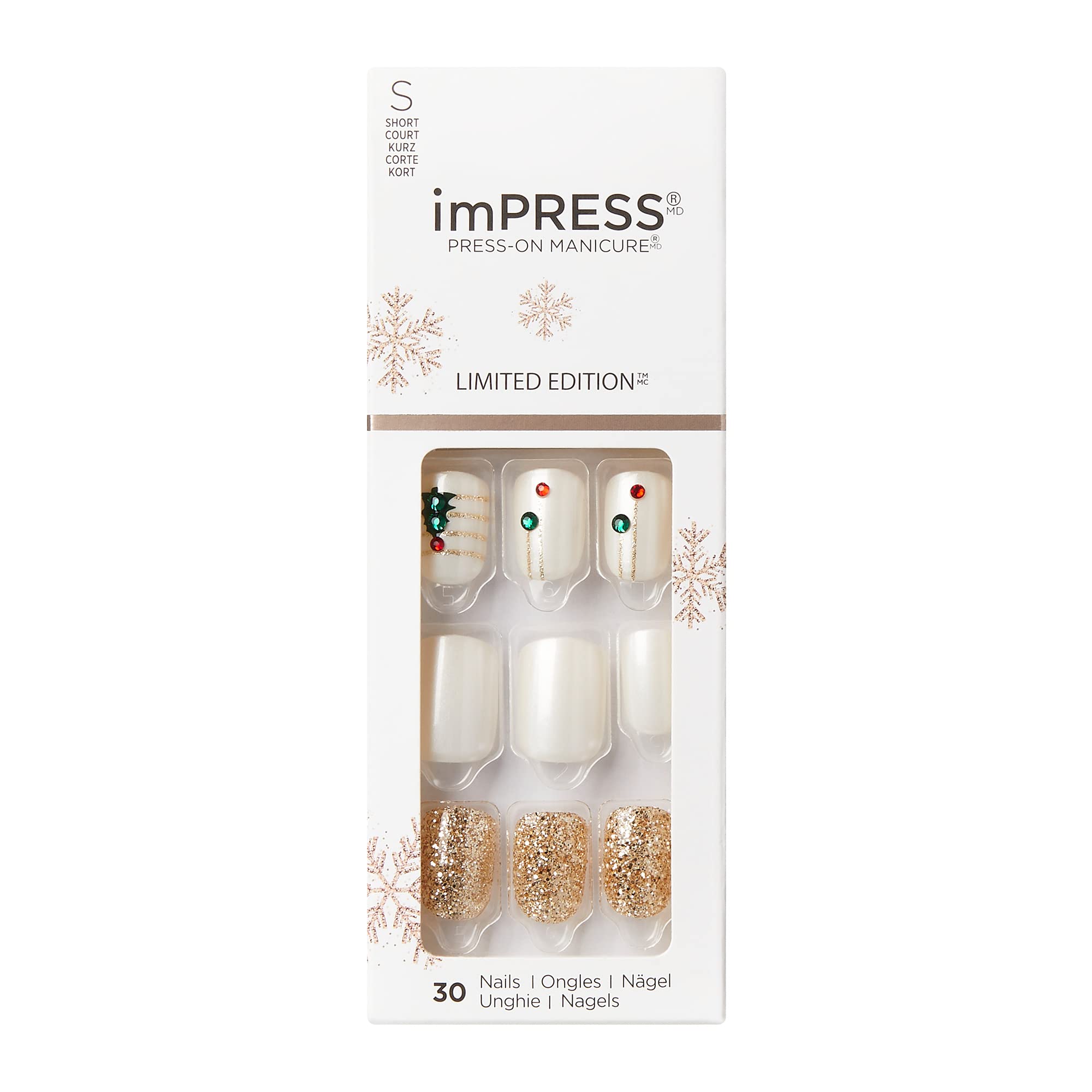 KISS imPRESS Limited Edition Holiday Press-On Nails, Short Size Square Fake Nails, with Prep Pad, Mini Nail File, Cuticle Stick, & 30 False Nails