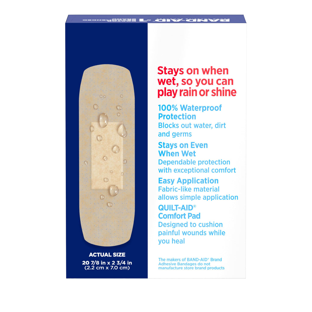 Band-Aid Brand Water Block Flex 100% Waterproof Adhesive Bandages for First-Aid Wound Care of Minor Cuts, Scrapes & Wounds, Ultra-Flexible Design, Sterile, All One Size, 3 x 20 ct