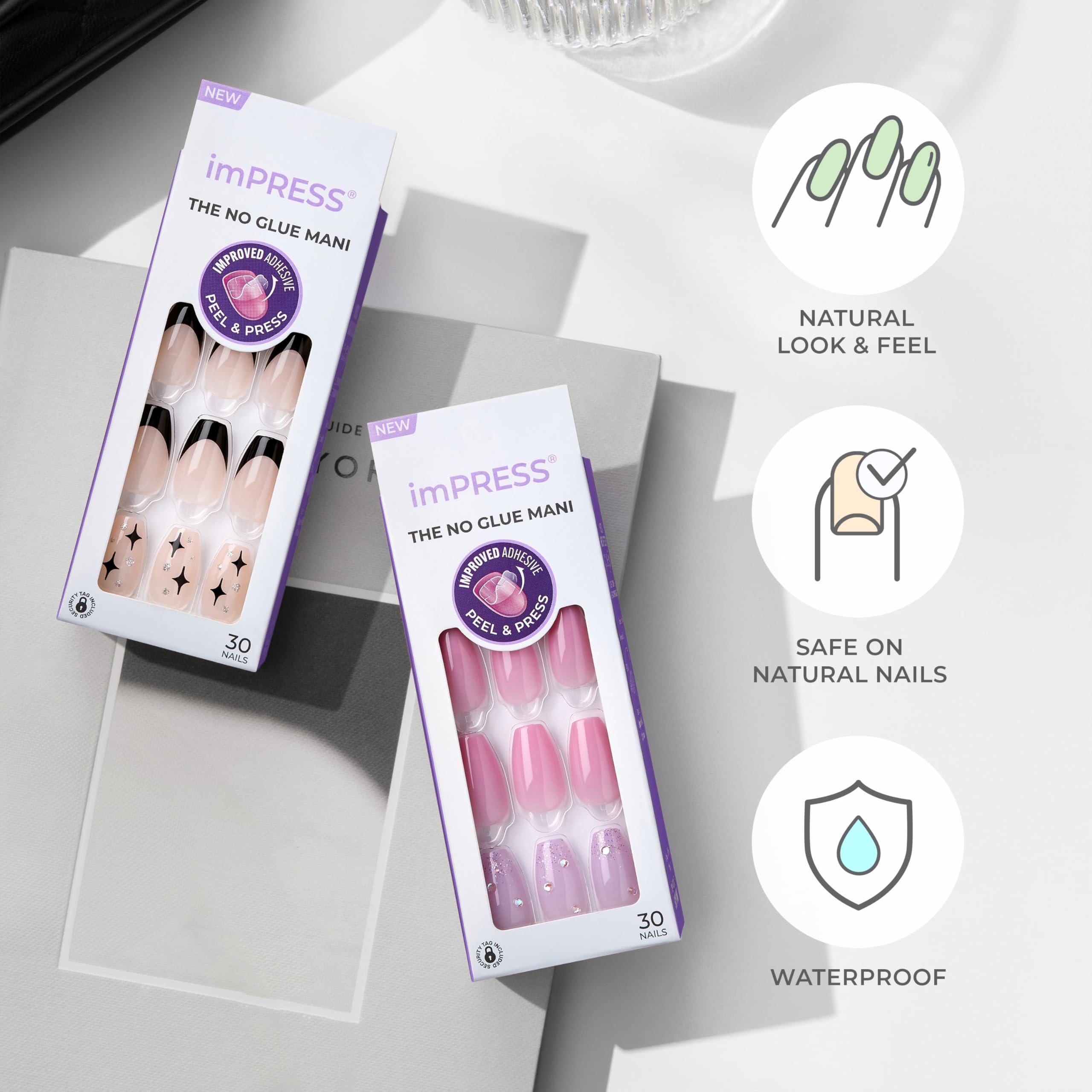 KISS imPRESS No Glue Mani Press On Nails, Design, 'Evanesce', Beige, Short Size, Oval Shape, Includes 30 Nails, Prep Pad, Instructions Sheet, 1 Manicure Stick, 1 Mini File