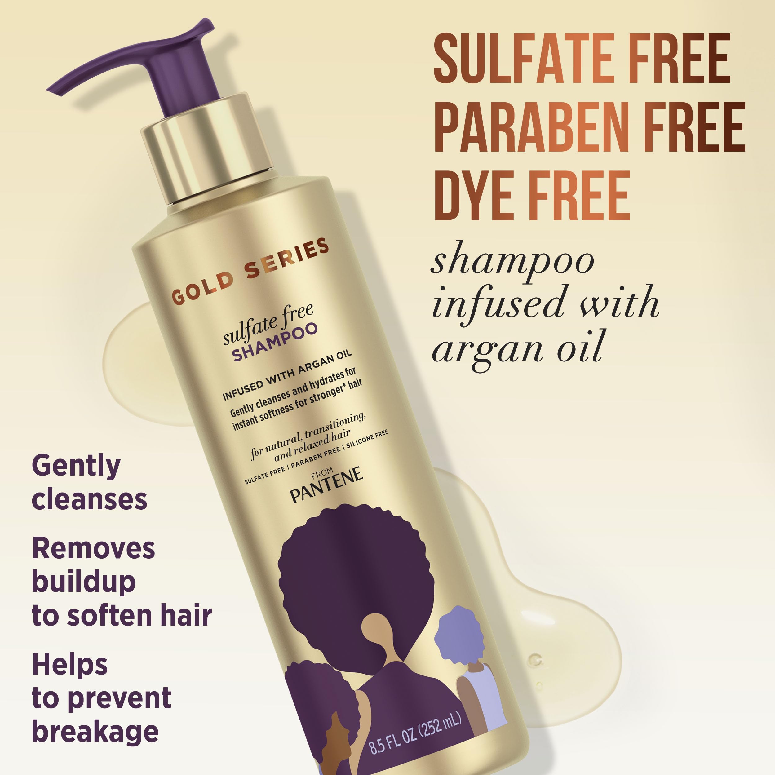 Pantene Gold Series Argan Oil from ProV for Natural and Curly Textured Hair, Sulfate Free Shampoo
