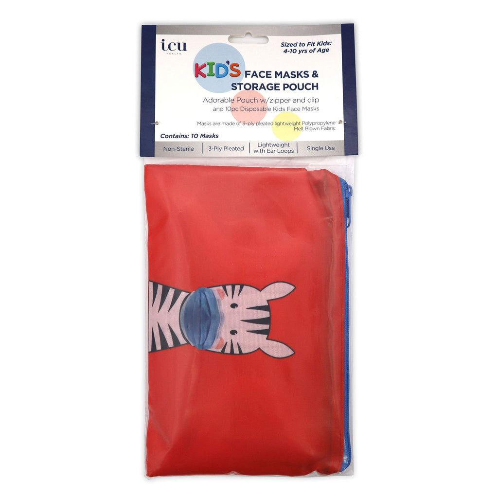 Zebra Mask Storage Pouch and 10 Disposable Masks by ICU Health – Adorable Portable Case with Zipper and Clip for Children with 10 Disposable Kids Face Masks