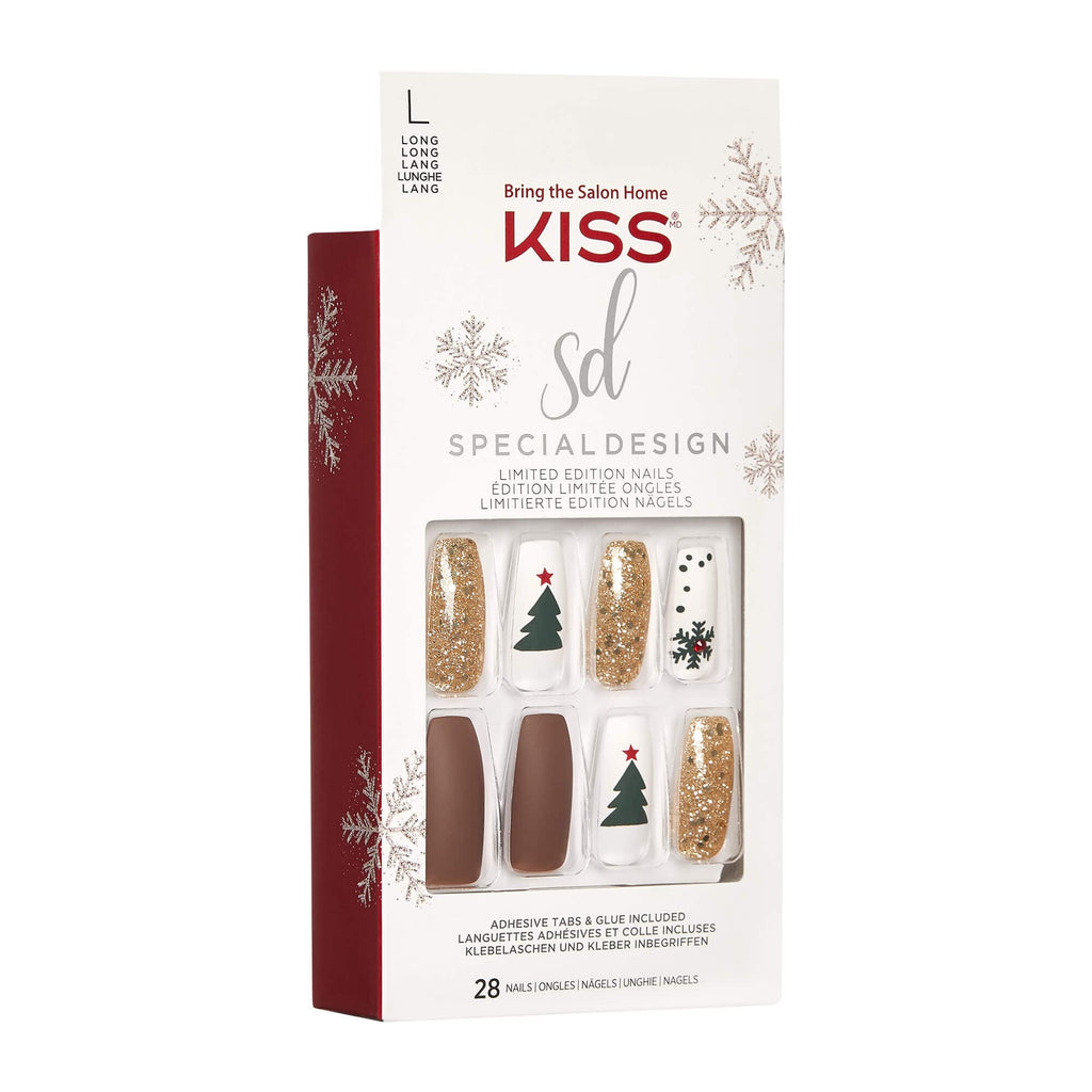 KISS Special Design Limited Edition Holiday Fake Nails, Style ‘Puffy Sweater’, Multi-Colored Long Coffin, with 24 Adhesive Tabs, Nail Glue, Mini File, Manicure Stick & 28 False Nails