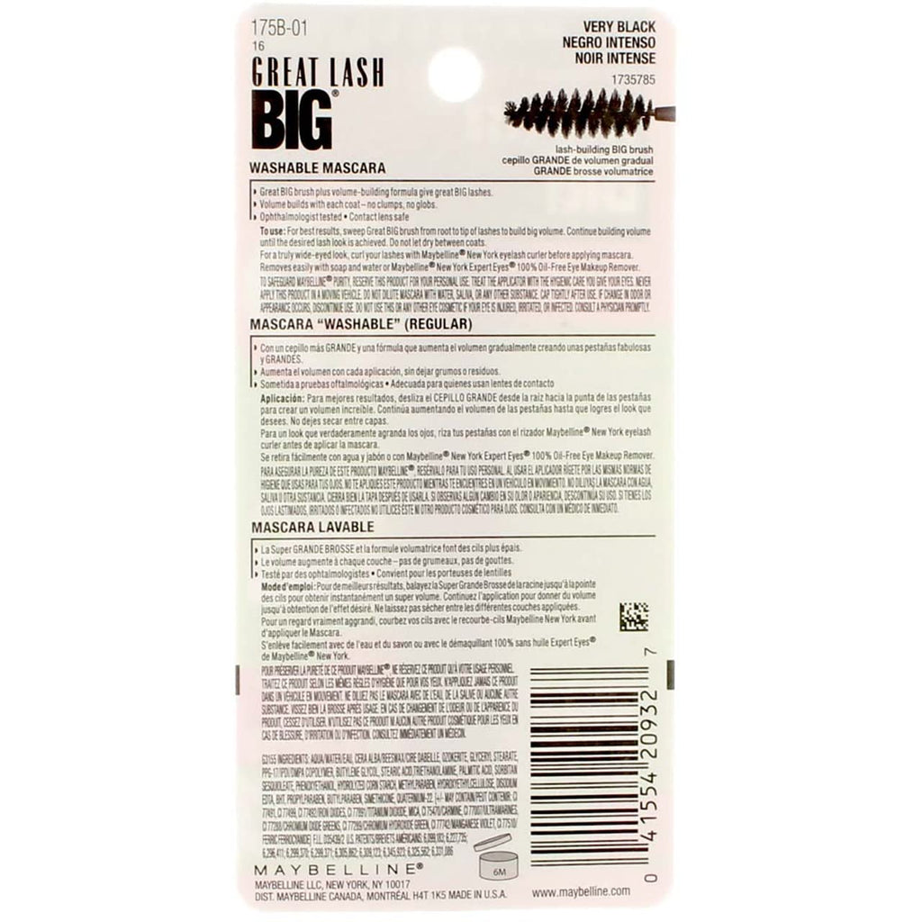 Maybelline Great Lash Big Washable Mascara, Very Black [131], 0.34 oz