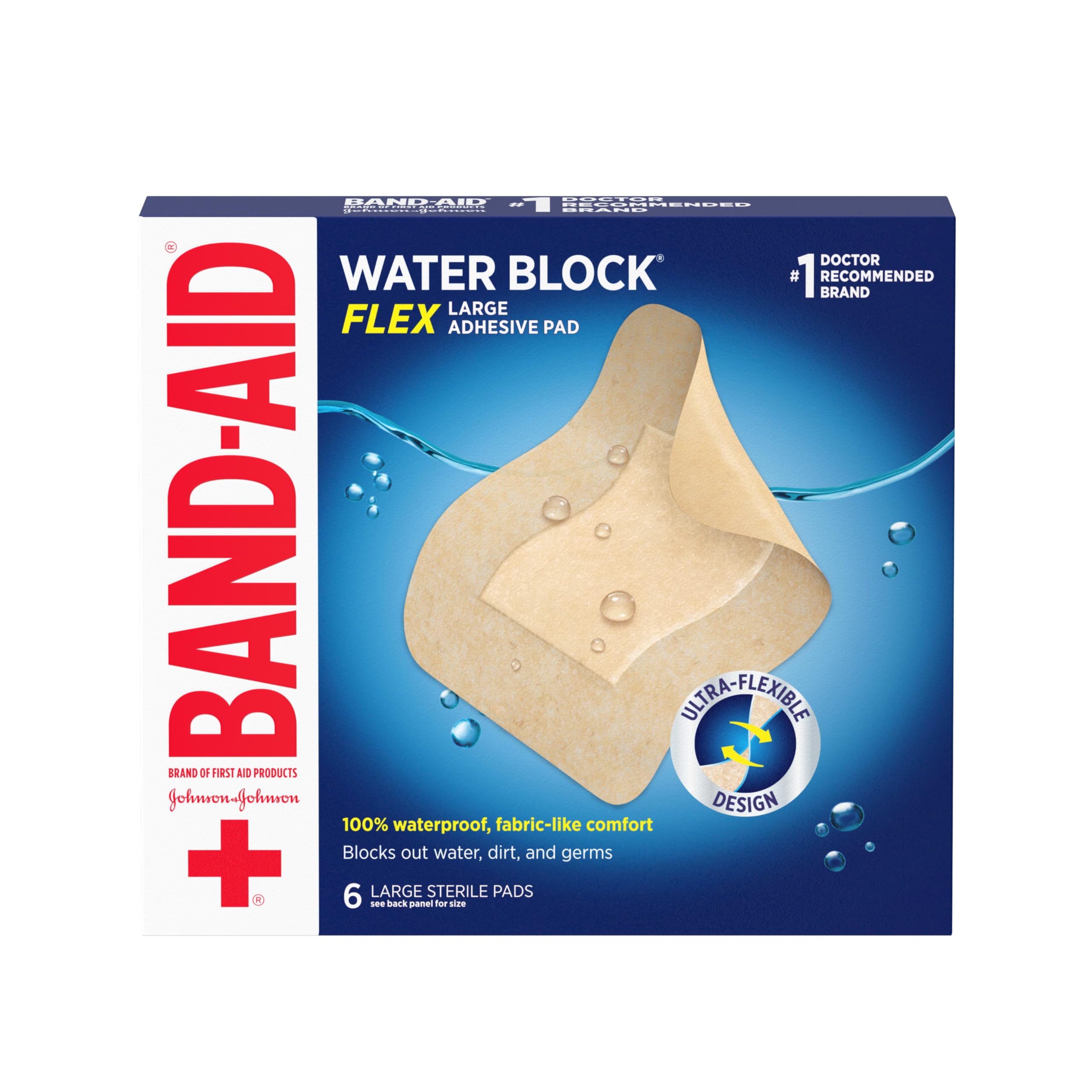 Band-Aid Brand Water Block Flex 100% Waterproof Adhesive Bandages for First-Aid Wound Care of Minor Cuts, Scrapes & Wounds, Ultra-Flexible Design, Sterile, All One Size, 3 x 20 ct