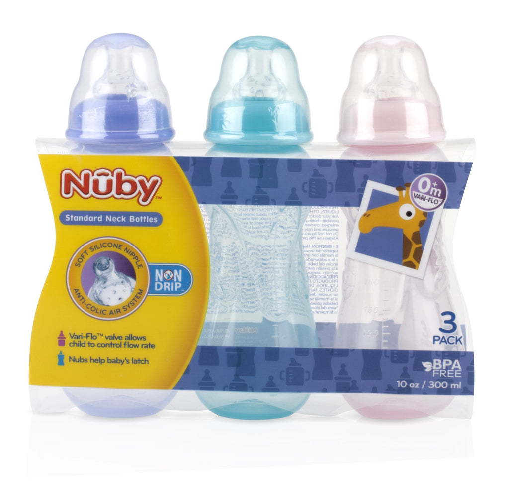 Nuby Non-Drip Standard Neck Bottles, 10 Ounce, Colors May Vary, Pack of 3 Bottles