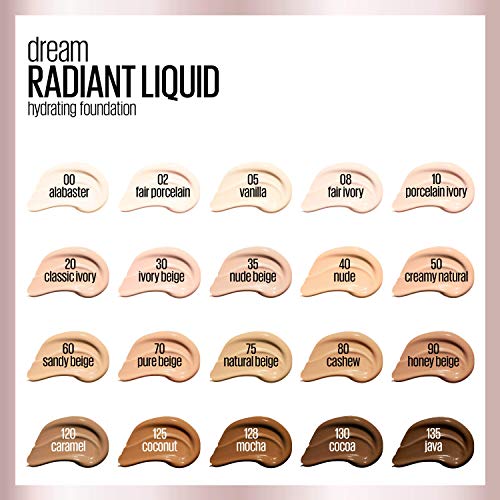Maybelline dream Radiant Liquid Medium Coverage Hydrating Makeup, Lightweight Liquid Foundation, Alabaster, 1 Fl. Oz