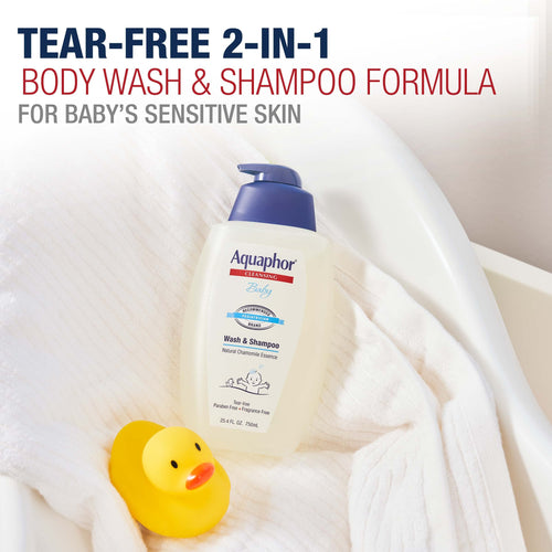 Aquaphor Baby Wash and Shampoo, Unscented Baby Shampoo and Wash, 25.4 Fl Oz Pump Bottle