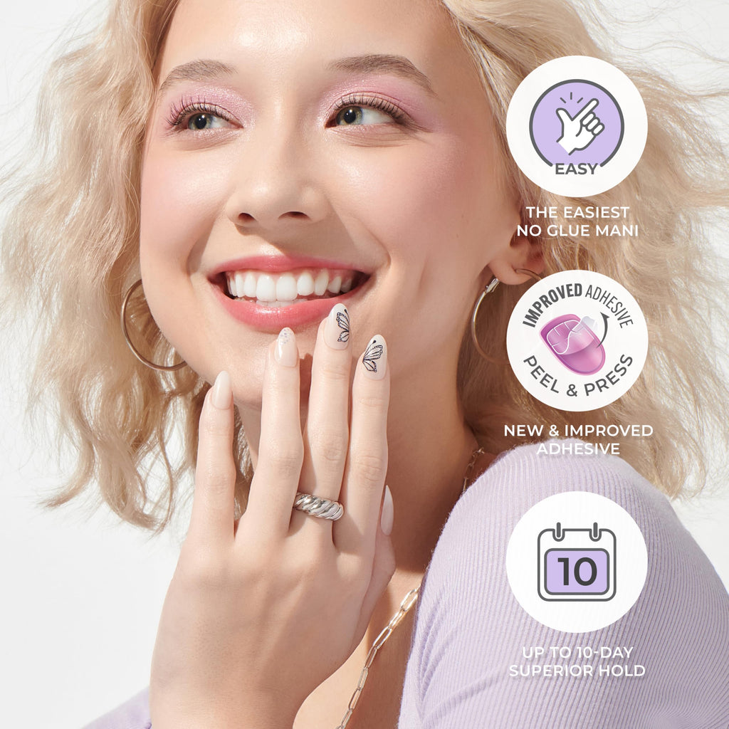 KISS imPRESS No Glue Mani Press On Nails, Design, 'Evanesce', Beige, Short Size, Oval Shape, Includes 30 Nails, Prep Pad, Instructions Sheet, 1 Manicure Stick, 1 Mini File