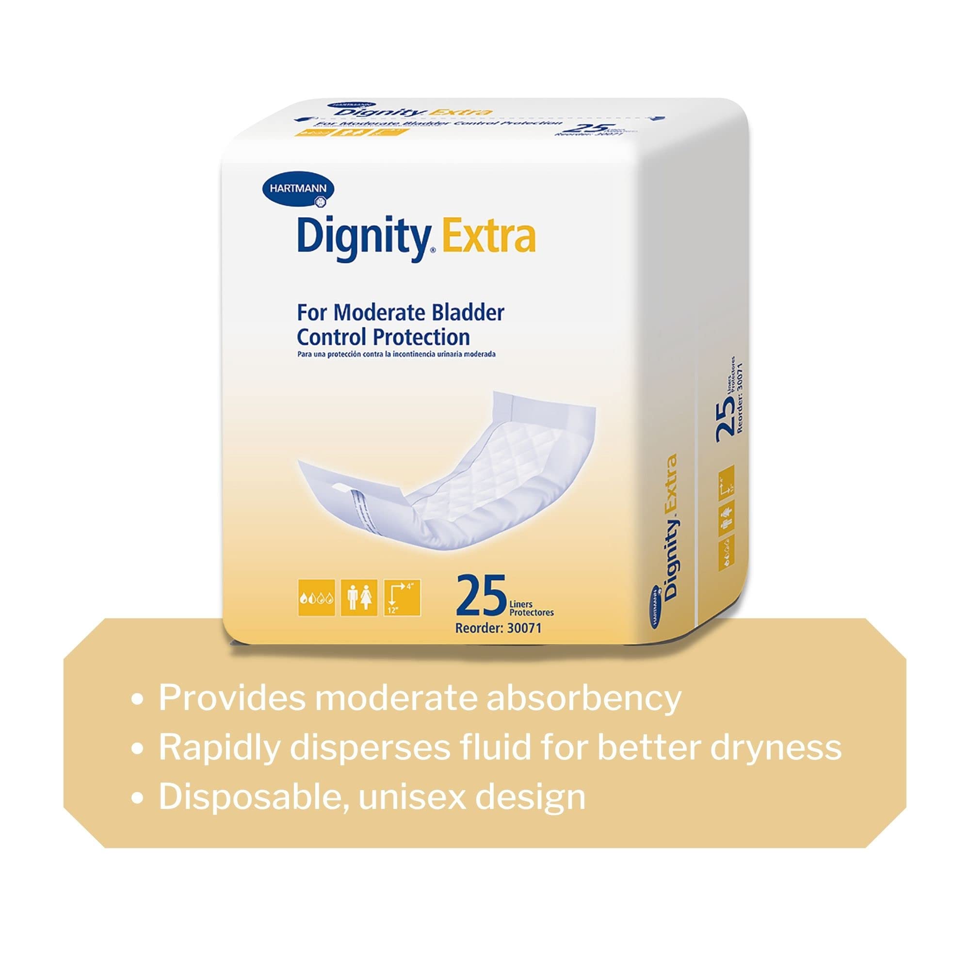 Dignity Extra Incontinence Liner for Men and Women - Bladder Leak Pads, Moderate Absorbency - One Size Fits Most, 4 in x 12 in, 25 Count, 1 Pack