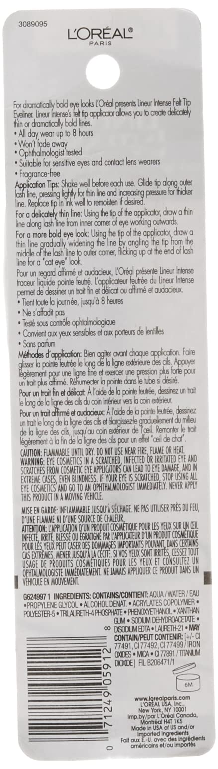 L'Oreal Paris Makeup Lineur Intense Felt Tip Liquid Eyeliner, liquid eyeliner, felt tip applicator, precise bold lines, intense color, ophthalmologist-tested, fragrance-free, Black Mica, 0.05 fl; oz.