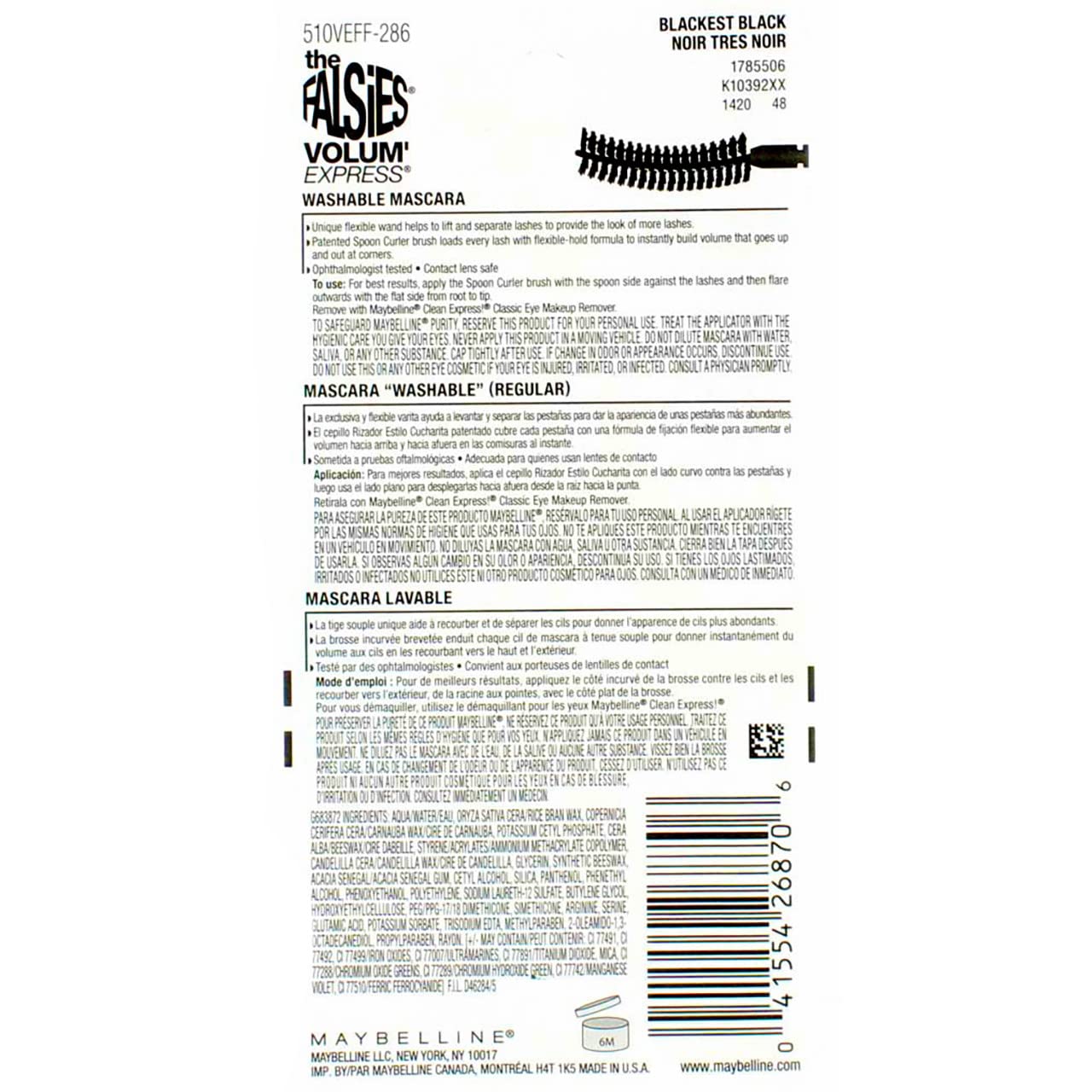 Maybelline Volum' Express The Falsies Flared Washable Mascara, Blackest Black [286], 0.31 oz (Pack of 2)