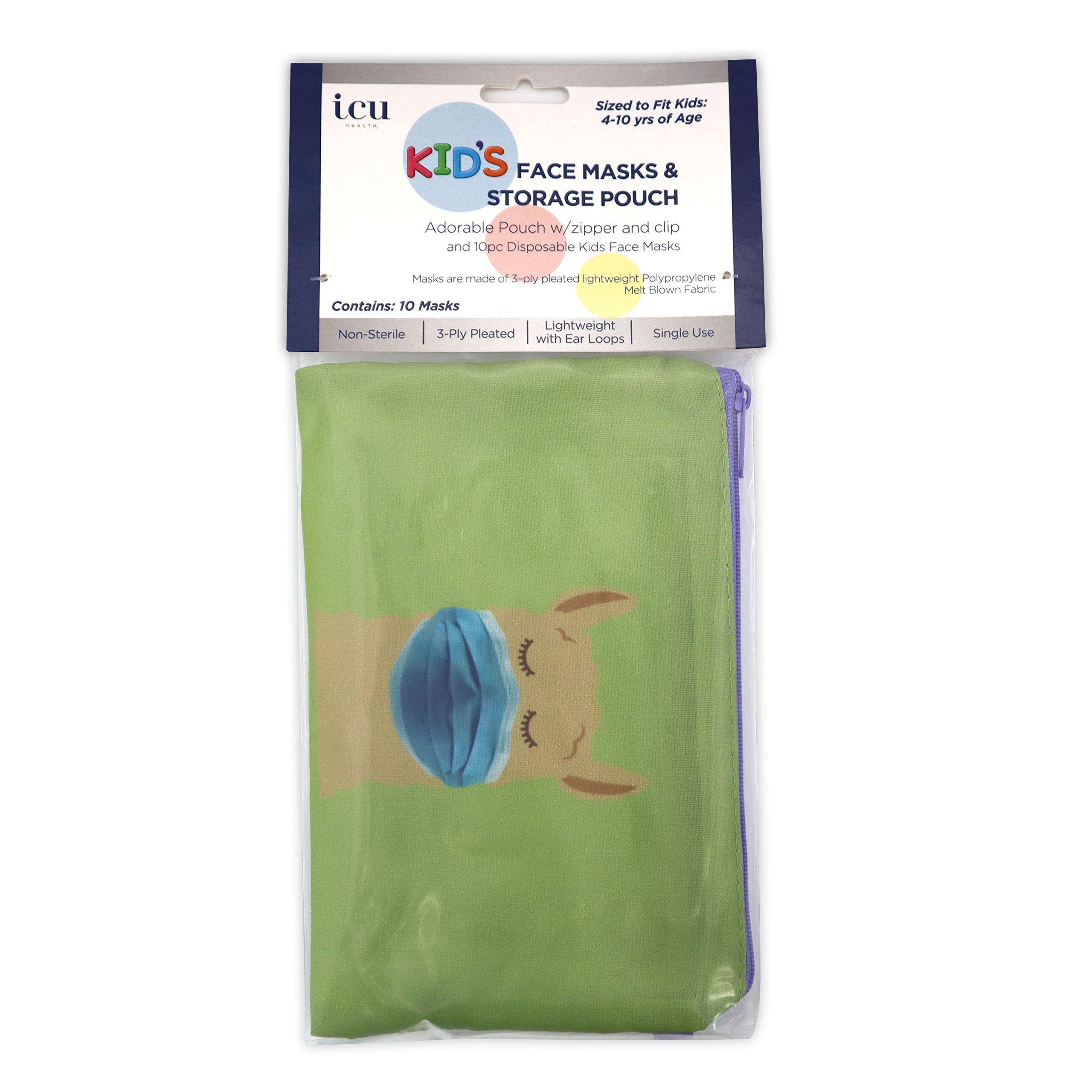 PANDORA EYEWEAR Llama Mask Storage Pouch with 10 Disposable Kids Face Masks - Adorable Portable Case with Zipper and Clip for Children