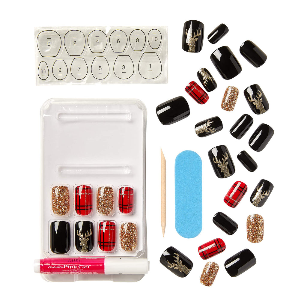 KISS Special Design Limited Edition Holiday Fake Nails, Style ‘Favorite Season’, Multi-Colored Medium Square, with 24 Adhesive Tabs, Nail Glue, Mini File, Manicure Stick & 28 False Nails