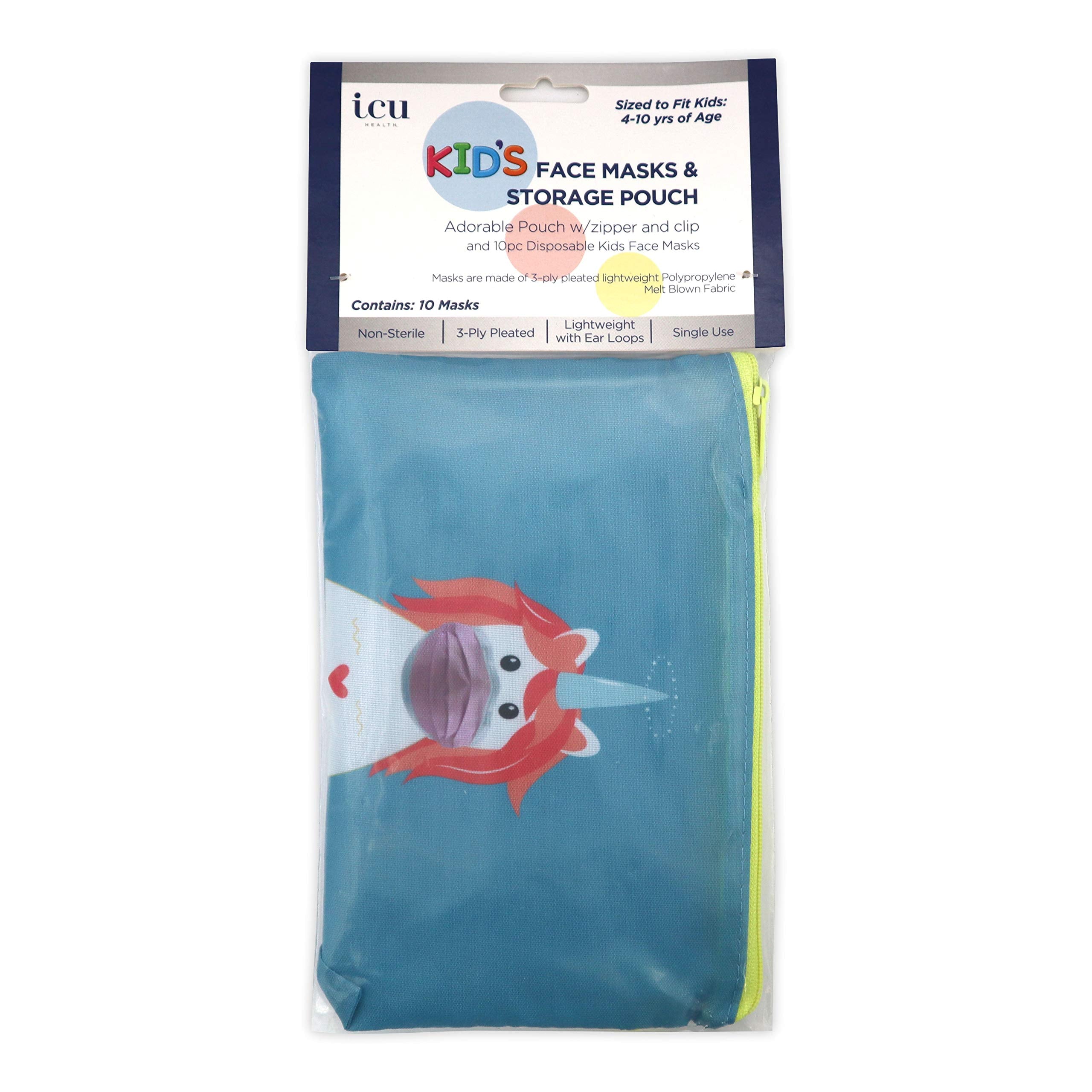 Unicorn Mask Storage Pouch and 10 Disposable Masks by ICU Health – Adorable Portable Case with Zipper and Clip for Children with 10 Disposable Kids Face Masks