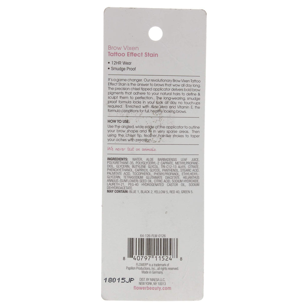 Flower Beauty Brow Vixen Tattoo Effect Stain - Smudge Proof, 12 Hr Wear Eyebrow Makeup with Chisel Tipped Applicator, Contains Aloe Vera & Vitamin E