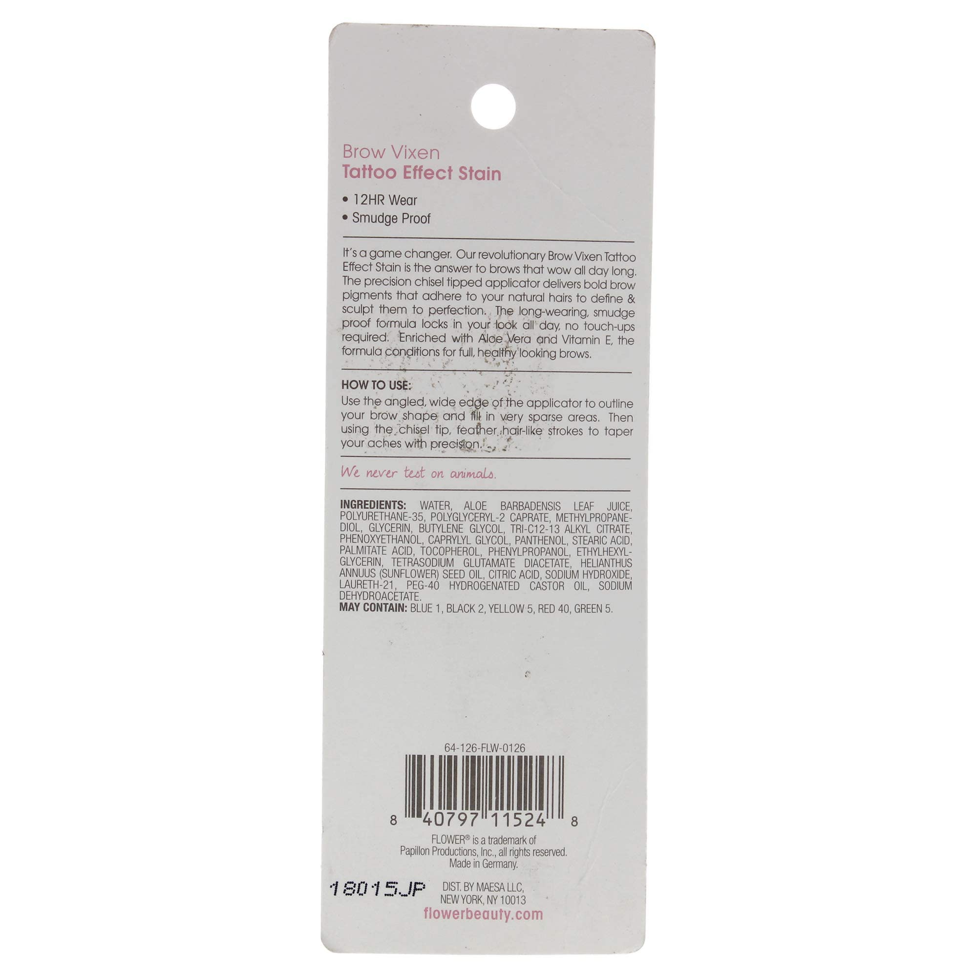 Flower Beauty Brow Vixen Tattoo Effect Stain - Smudge Proof, 12 Hr Wear Eyebrow Makeup with Chisel Tipped Applicator, Contains Aloe Vera & Vitamin E