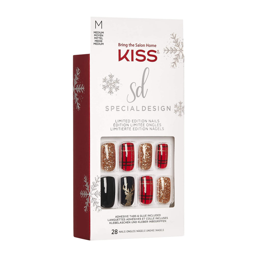 KISS Special Design Limited Edition Holiday Fake Nails, Style ‘Favorite Season’, Multi-Colored Medium Square, with 24 Adhesive Tabs, Nail Glue, Mini File, Manicure Stick & 28 False Nails