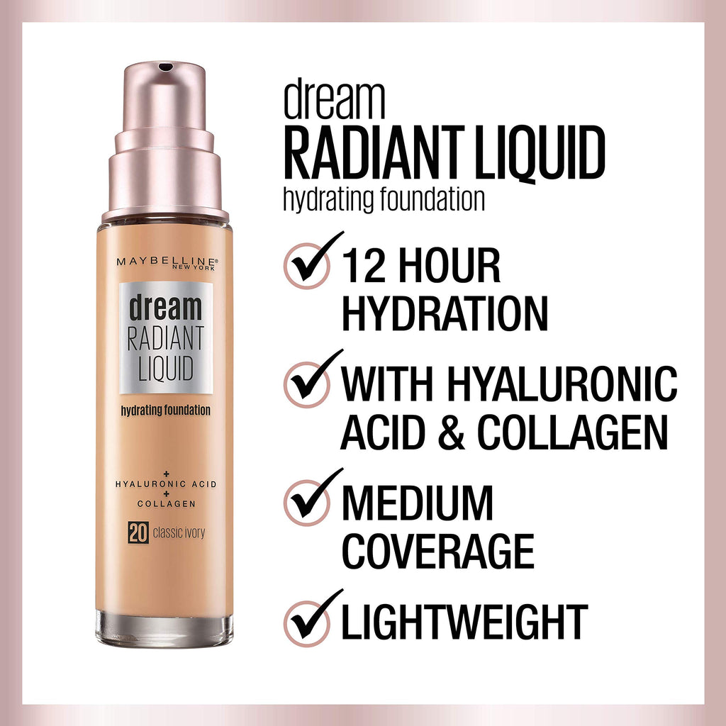 Maybelline dream Radiant Liquid Medium Coverage Hydrating Makeup, Lightweight Liquid Foundation, Alabaster, 1 Fl. Oz