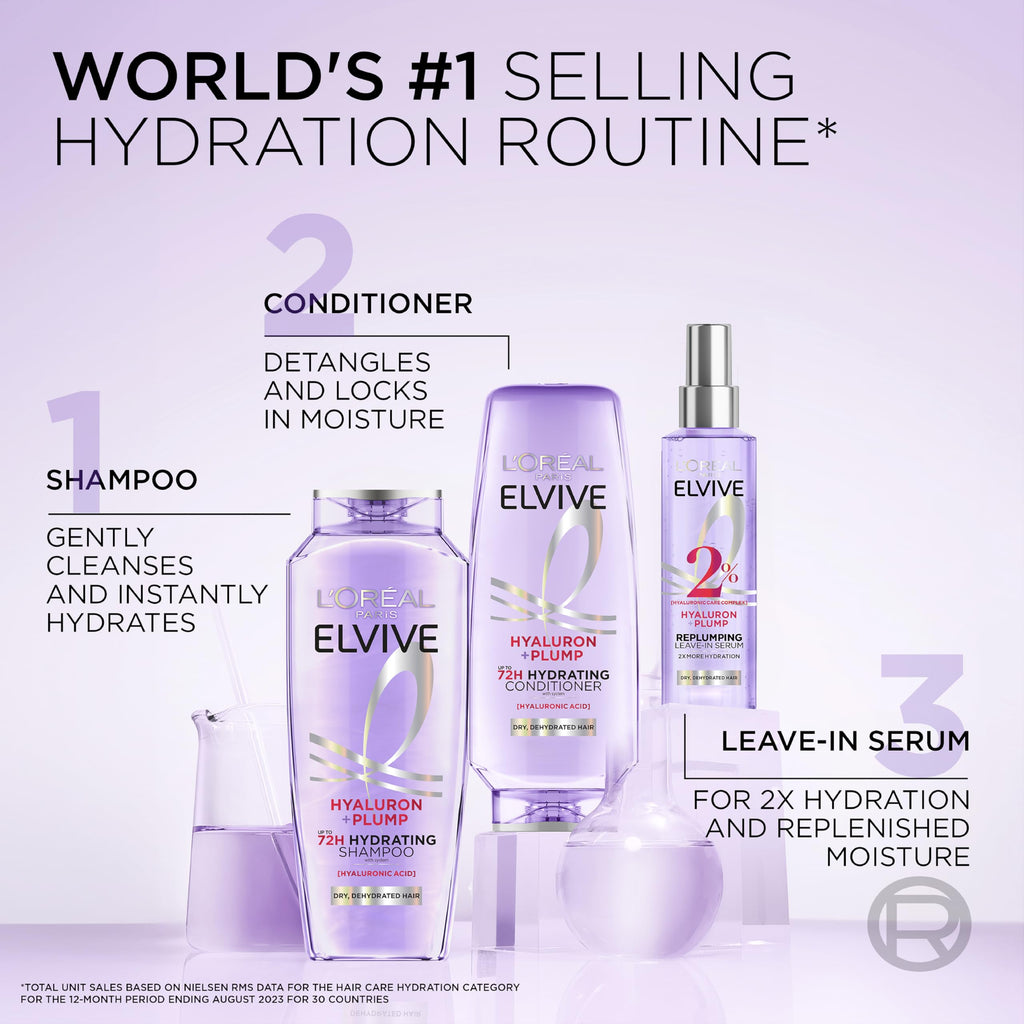 L'Oreal Paris Elvive Hyaluron Plump Moisture Plump Hair Serum for Dehydrated, Dry Hair with Hyaluronic Acid Care Complex, Paraben-Free, 4.4 Fl Oz
