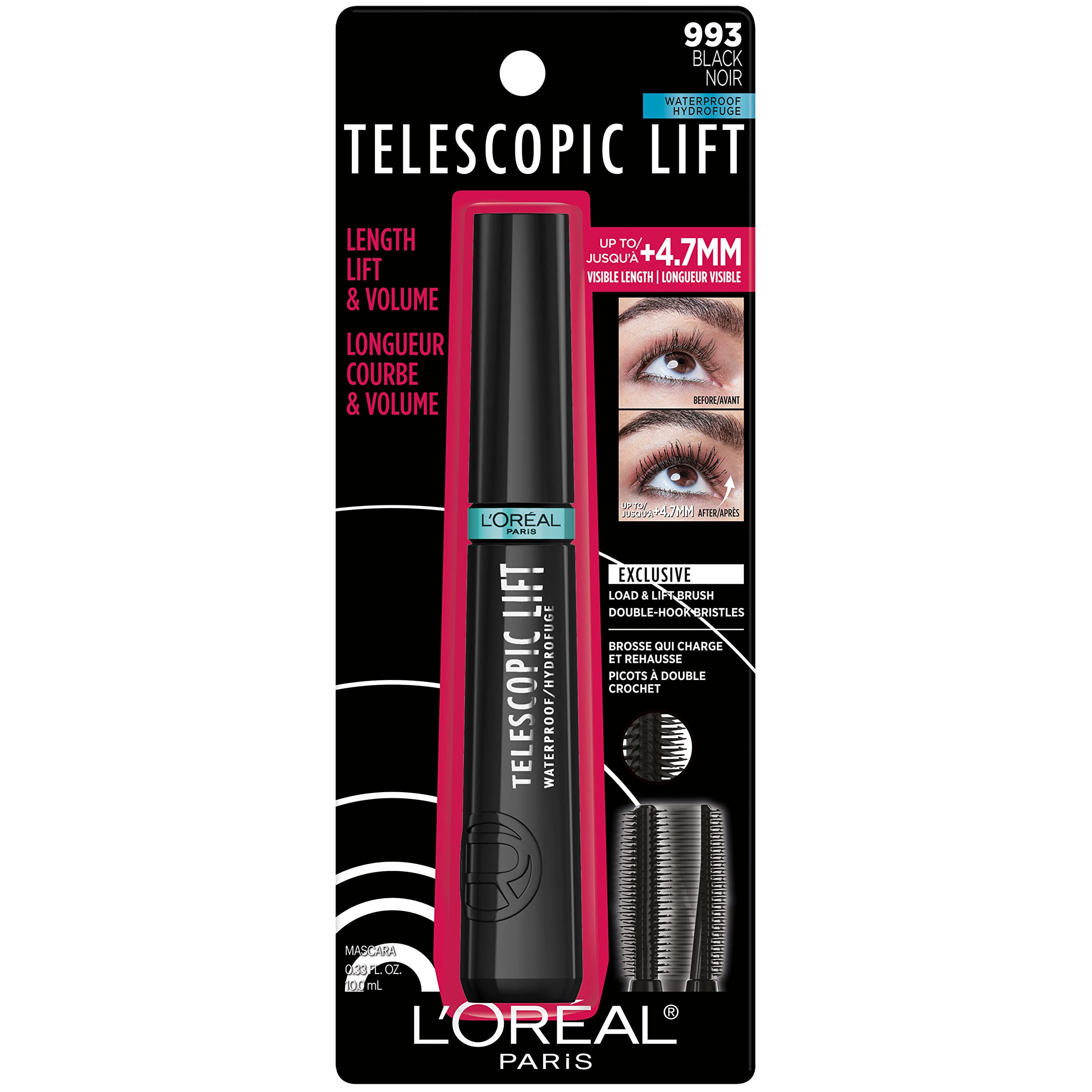 L’Oréal Paris Telescopic Lift Mascara, Lengthening and Volumizing Eye Makeup, Lash Lift with Up to 36HR Wear, Waterproof, Black, 0.33 Fl Oz