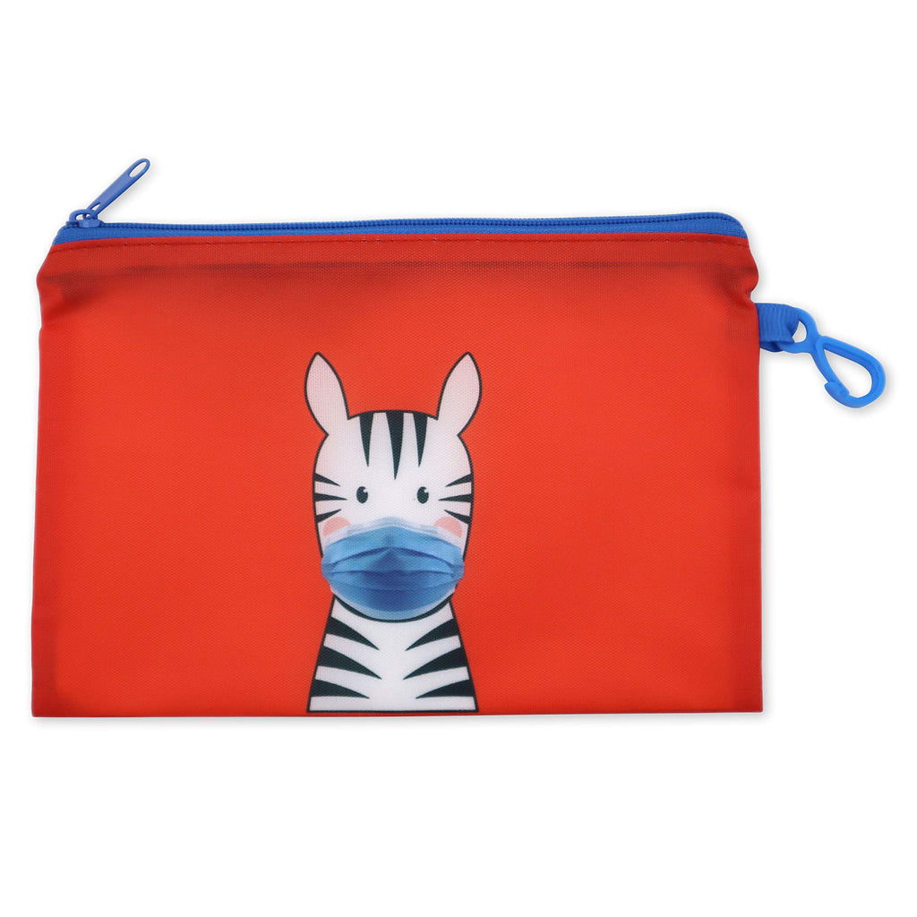 Zebra Mask Storage Pouch and 10 Disposable Masks by ICU Health – Adorable Portable Case with Zipper and Clip for Children with 10 Disposable Kids Face Masks