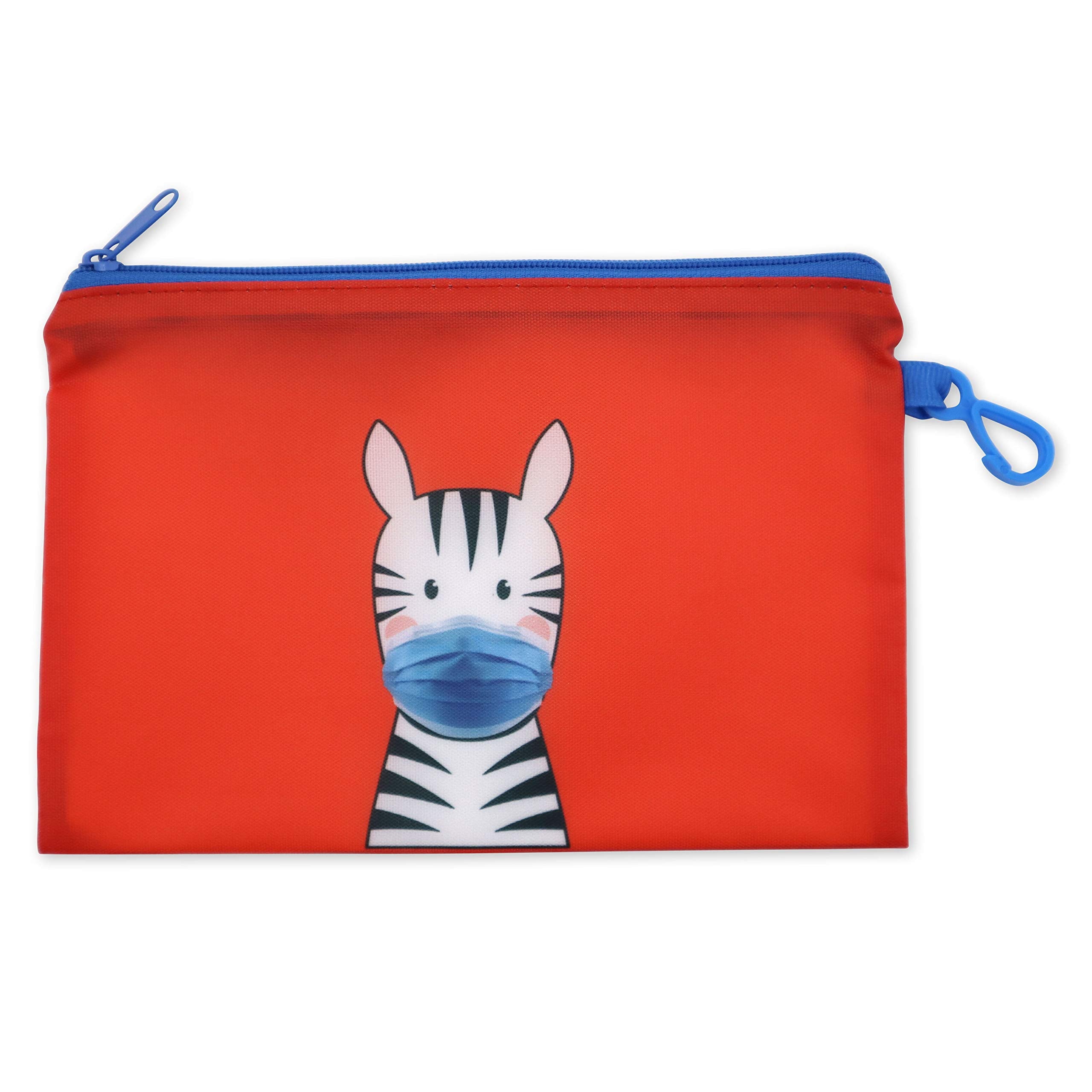Zebra Mask Storage Pouch and 10 Disposable Masks by ICU Health – Adorable Portable Case with Zipper and Clip for Children with 10 Disposable Kids Face Masks