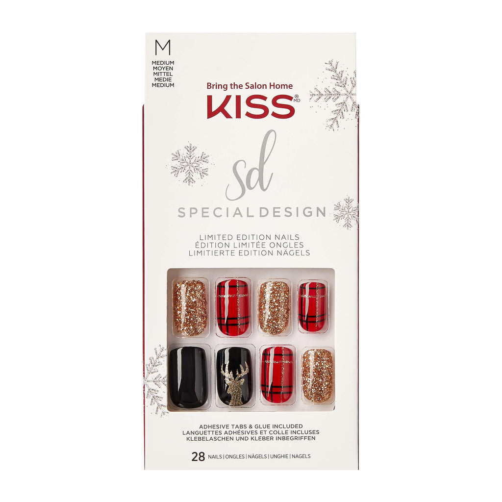 KISS Special Design Limited Edition Holiday Fake Nails, Style ‘Favorite Season’, Multi-Colored Medium Square, with 24 Adhesive Tabs, Nail Glue, Mini File, Manicure Stick & 28 False Nails