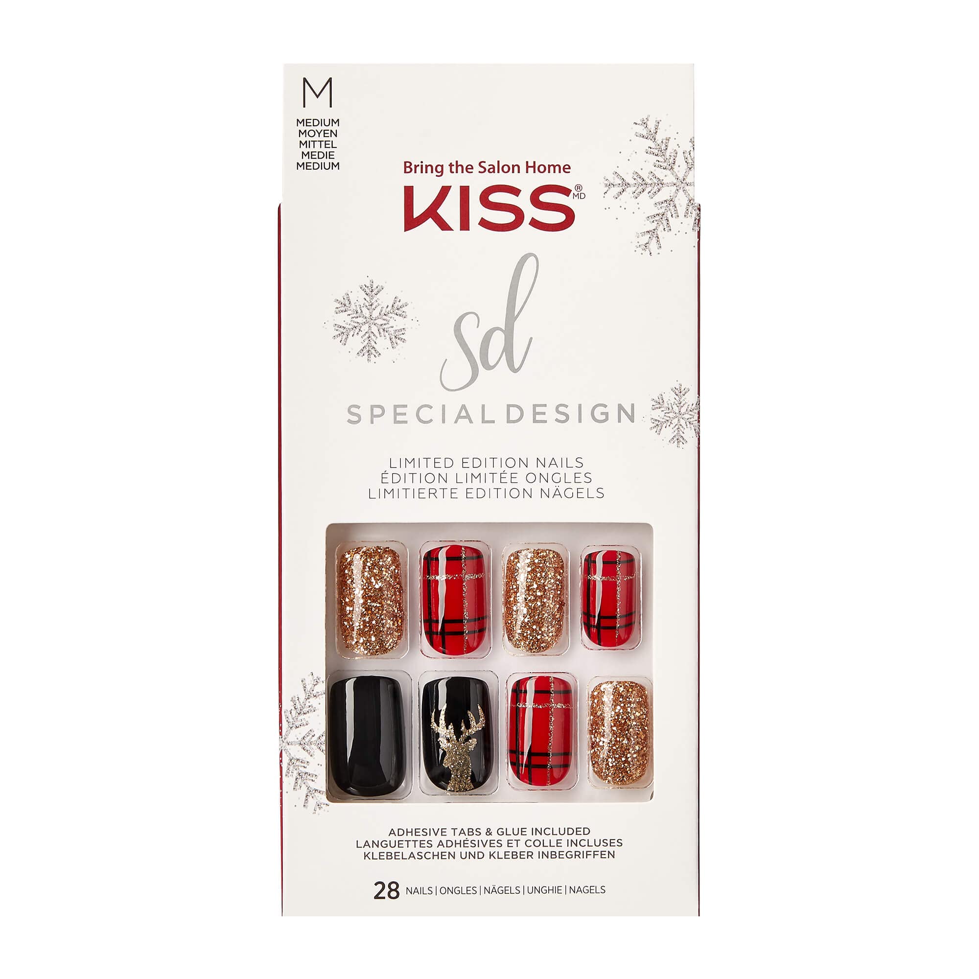 KISS Special Design Limited Edition Holiday Fake Nails, Style ‘Favorite Season’, Multi-Colored Medium Square, with 24 Adhesive Tabs, Nail Glue, Mini File, Manicure Stick & 28 False Nails
