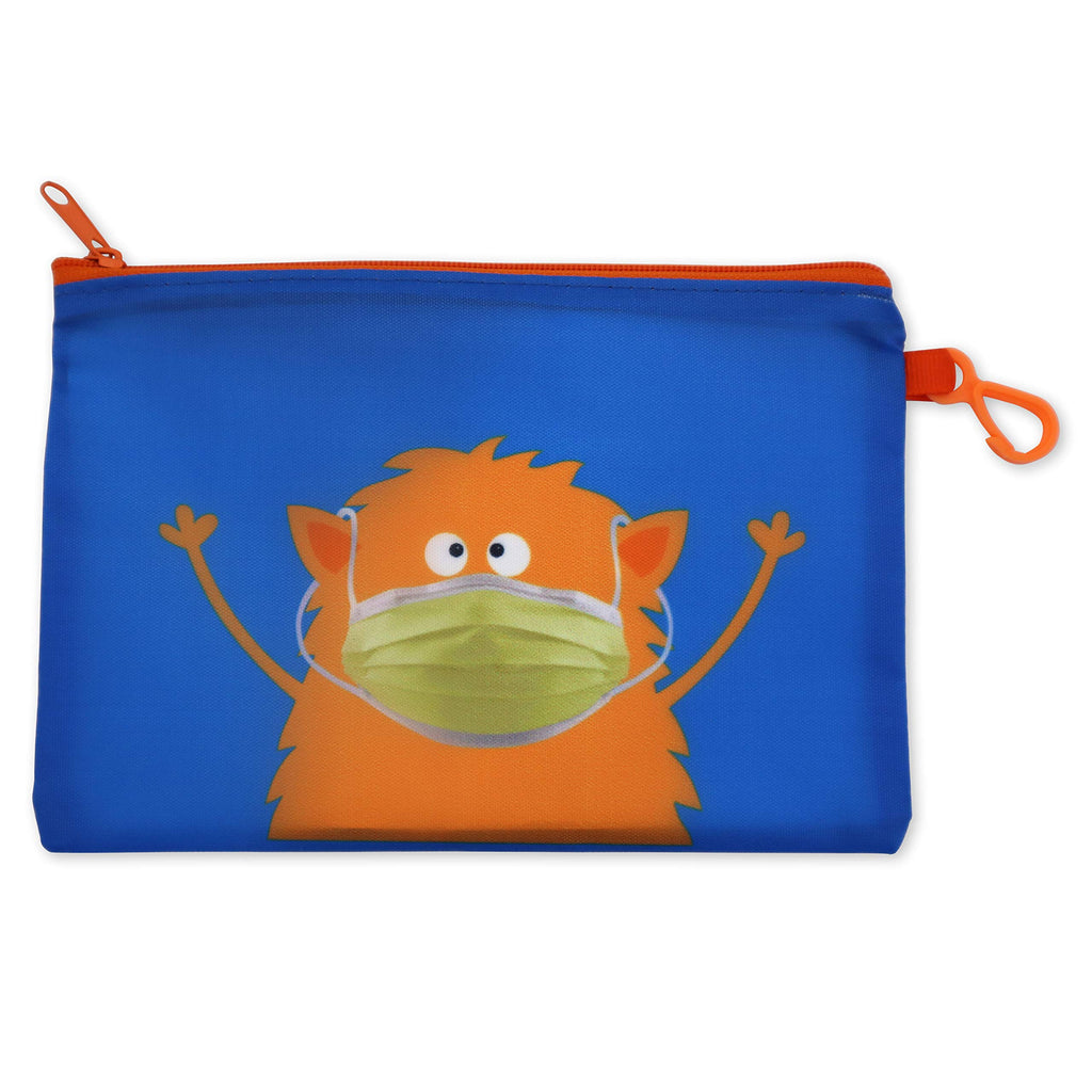 Monster Mask Storage Pouch and 10 Disposable Masks by ICU Health – Adorable Portable Case with Zipper and Clip for Children with 10 Disposable Kids Face Masks