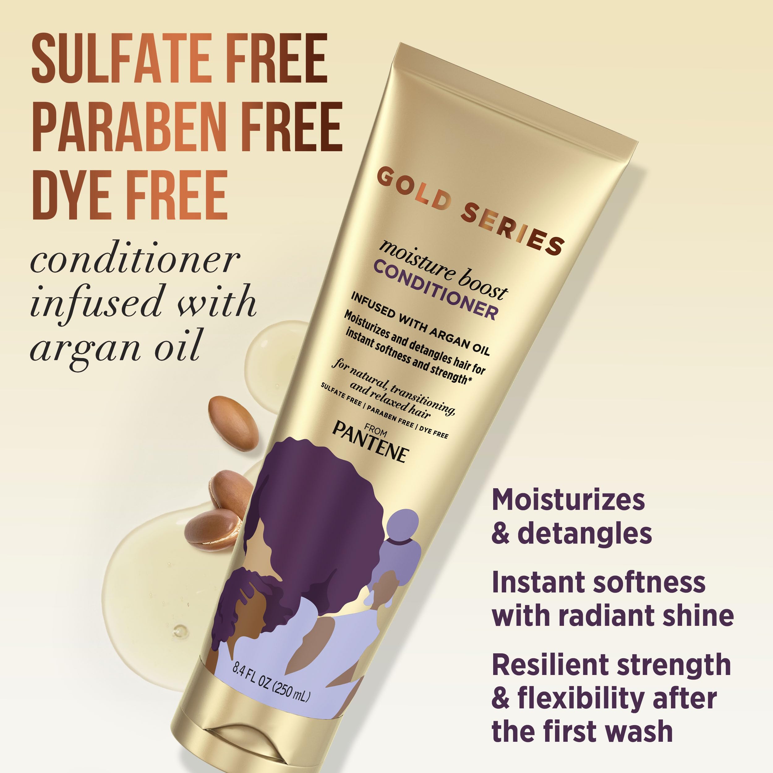 Pantene Gold Series Argan Oil from ProV for Natural and Curly Textured Hair, Sulfate Free Shampoo