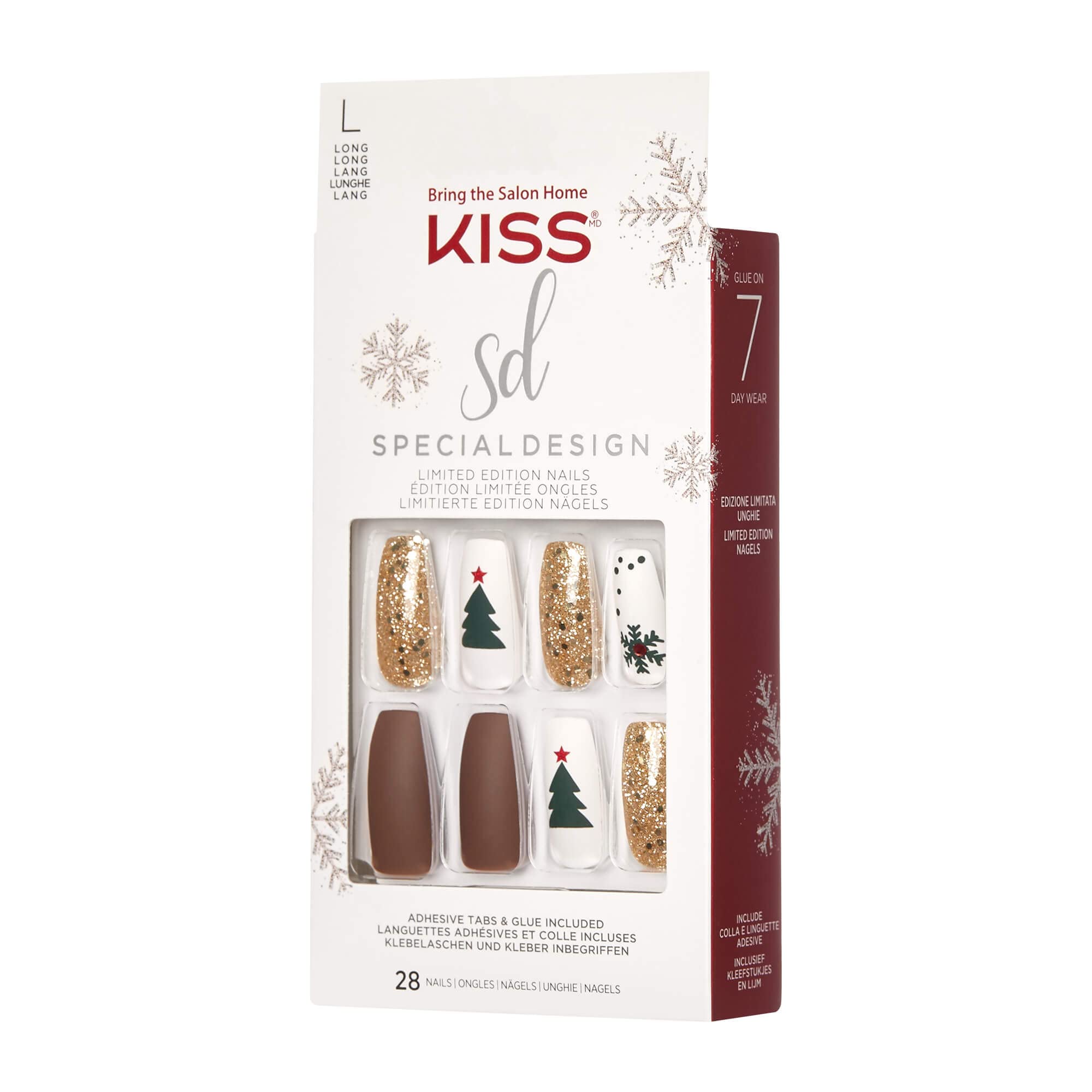 KISS Special Design Limited Edition Holiday Fake Nails, Style ‘Puffy Sweater’, Multi-Colored Long Coffin, with 24 Adhesive Tabs, Nail Glue, Mini File, Manicure Stick & 28 False Nails