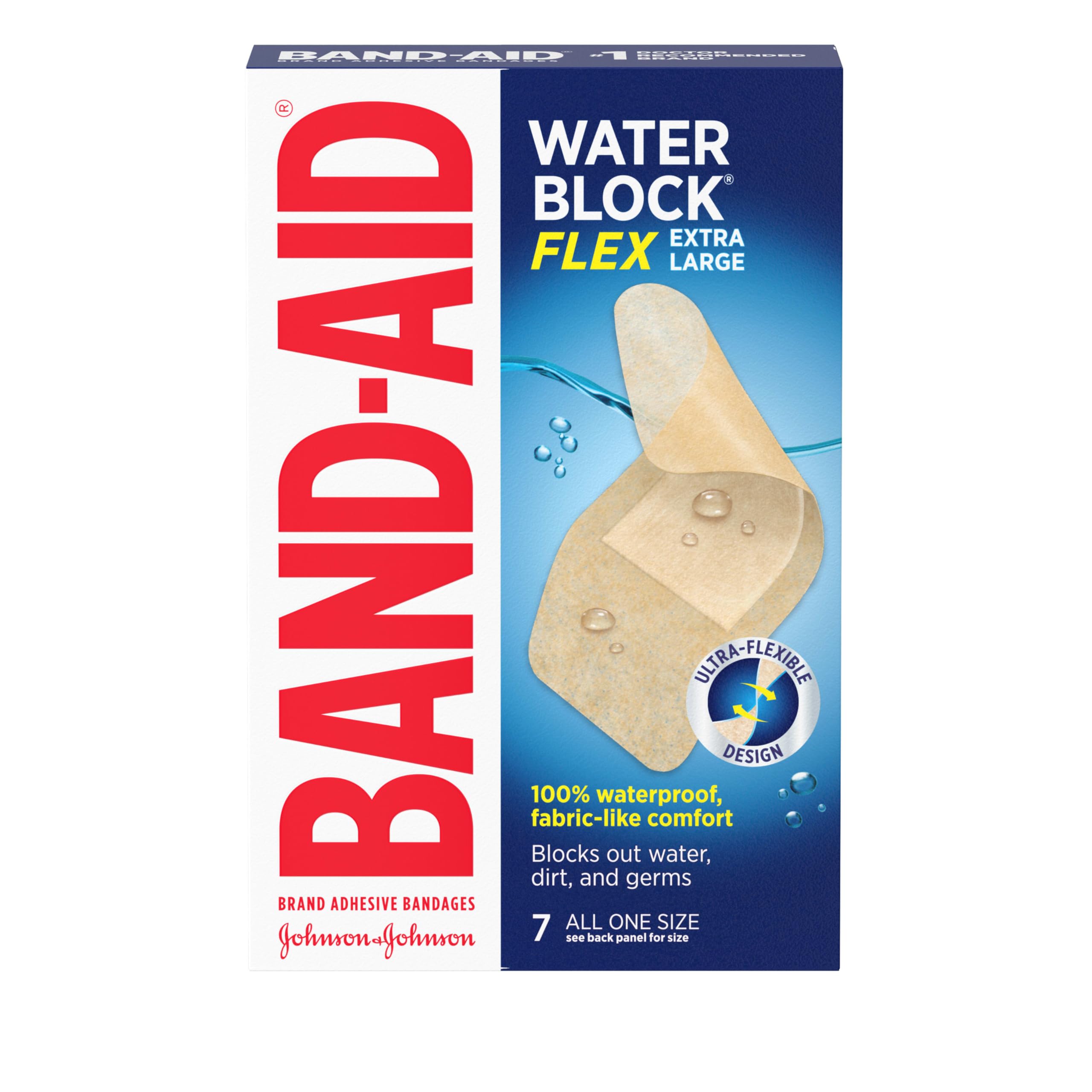 Band-Aid Brand Water Block Flex 100% Waterproof Adhesive Bandages for First-Aid Wound Care of Minor Cuts, Scrapes & Wounds, Ultra-Flexible Design, Sterile, All One Size, 3 x 20 ct
