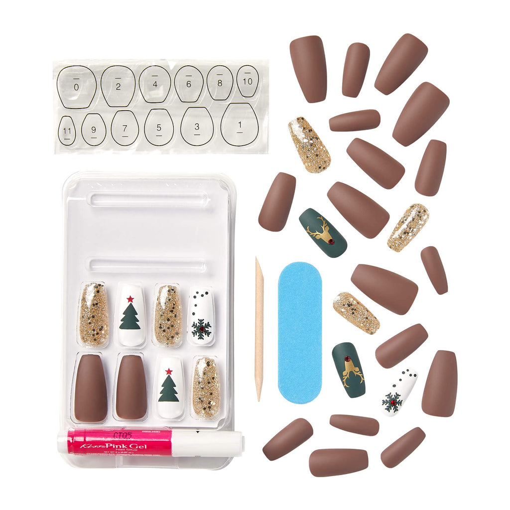 KISS Special Design Limited Edition Holiday Fake Nails, Style ‘Puffy Sweater’, Multi-Colored Long Coffin, with 24 Adhesive Tabs, Nail Glue, Mini File, Manicure Stick & 28 False Nails