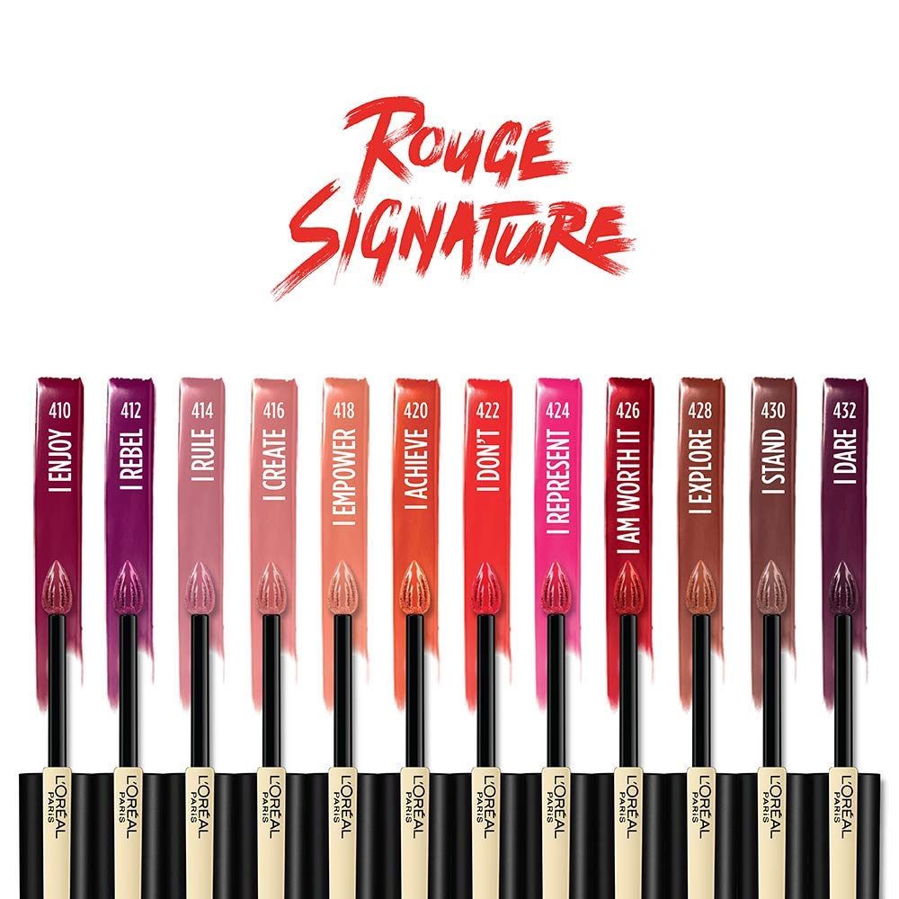 L'Oréal Paris Makeup Rouge Signature, Lasting Matte Lip Stain, Ultra Lightweight, Ultra Comfortable, High Pigment Color, Precise Applicator Shapes & Lines Lips