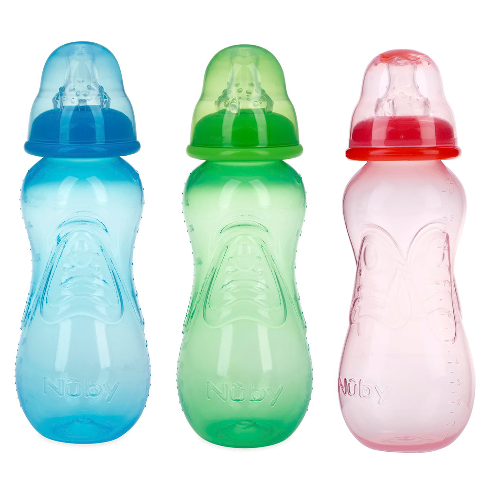 Nuby Non-Drip Standard Neck Bottles, 10 Ounce, Colors May Vary, Pack of 3 Bottles