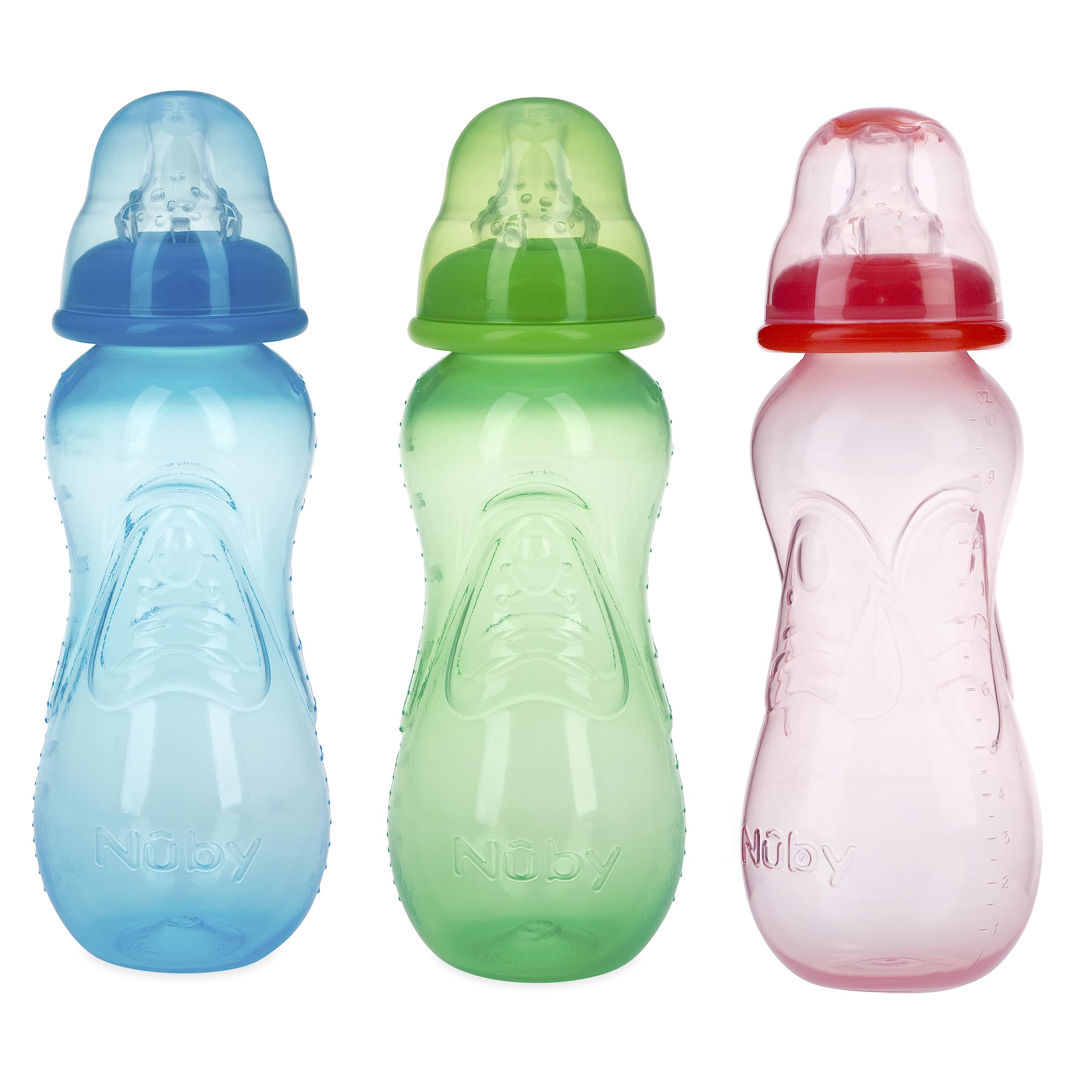 Nuby Non-Drip Standard Neck Bottles, 10 Ounce, Colors May Vary, Pack of 3 Bottles