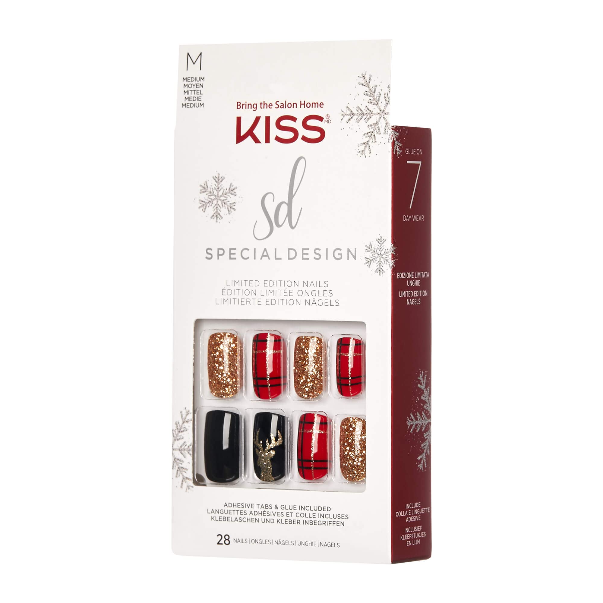 KISS Special Design Limited Edition Holiday Fake Nails, Style ‘Favorite Season’, Multi-Colored Medium Square, with 24 Adhesive Tabs, Nail Glue, Mini File, Manicure Stick & 28 False Nails