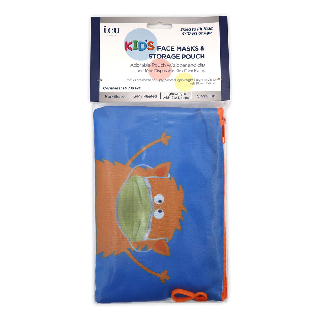Monster Mask Storage Pouch and 10 Disposable Masks by ICU Health – Adorable Portable Case with Zipper and Clip for Children with 10 Disposable Kids Face Masks