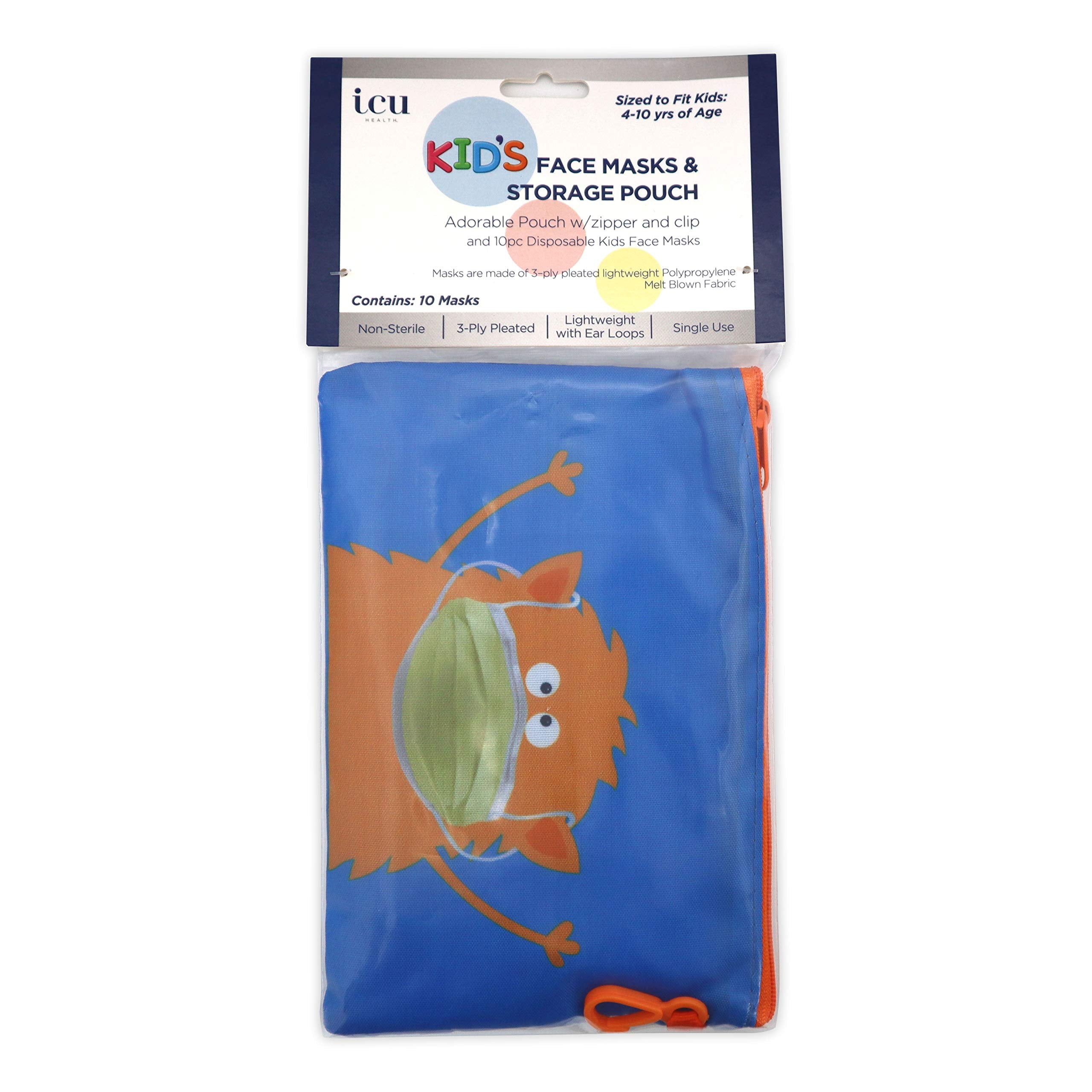 Monster Mask Storage Pouch and 10 Disposable Masks by ICU Health – Adorable Portable Case with Zipper and Clip for Children with 10 Disposable Kids Face Masks
