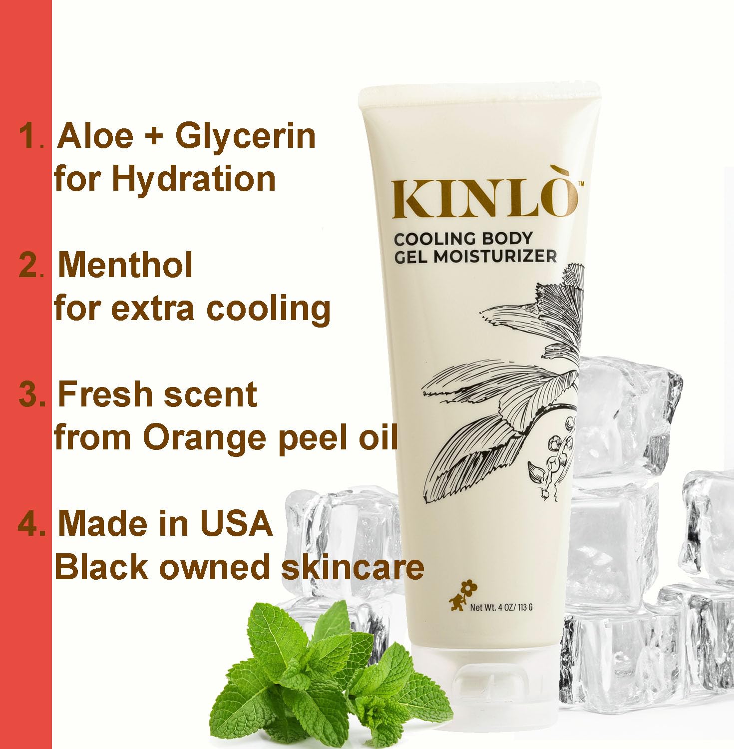 Kinlo Cooling Body Gel Moisturizer| Aloe Glycerin Menthol Tangerin Hydrating Body Lotion | Black Owned Skincare 4 fl oz Body Gel for Summer Weather