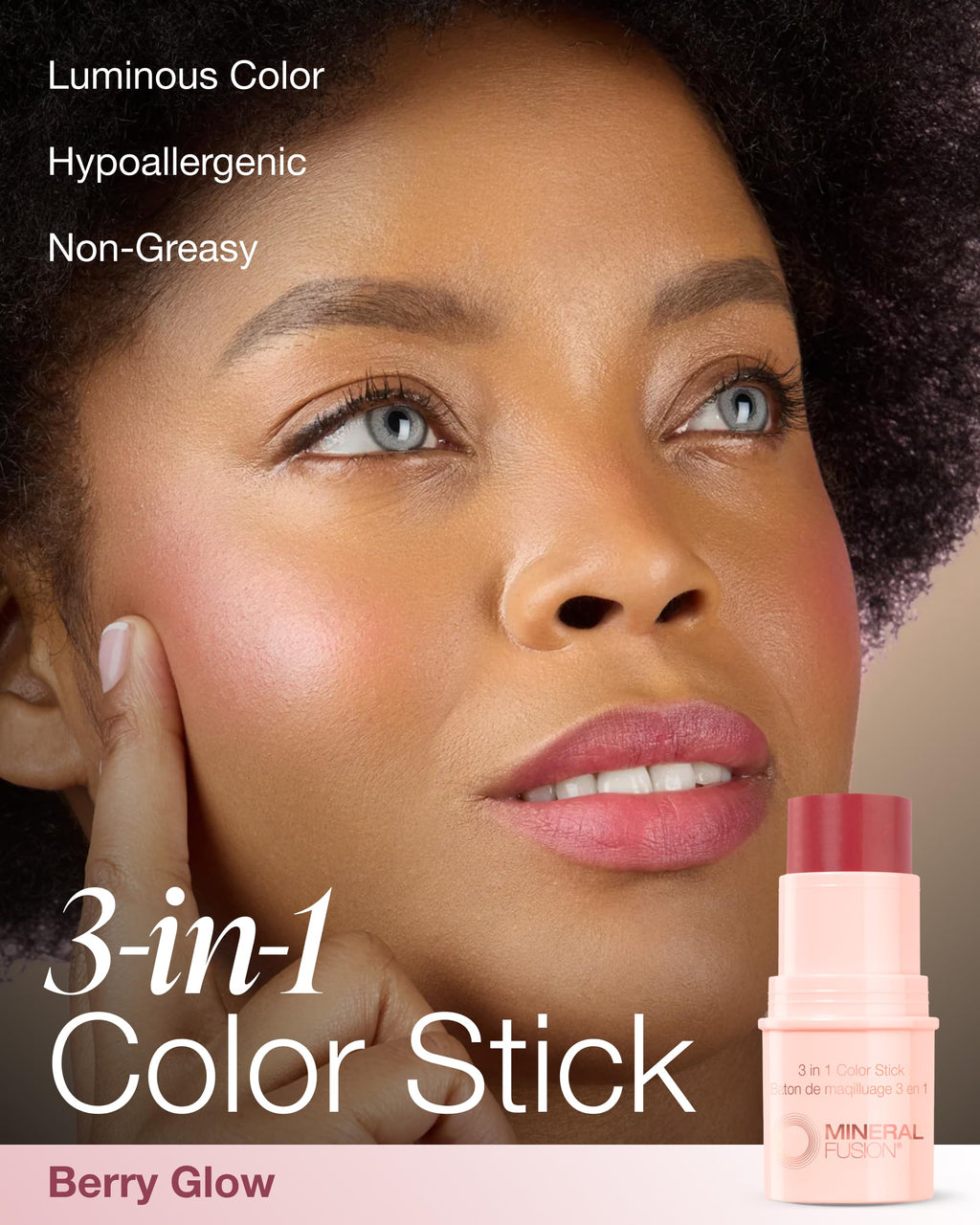 Mineral Fusion 3-in-1 Color Stick - Hydrating Cream Blush Tint for Cheek, Lip and Eye - Natural Multi Use Makeup (Rosette)
