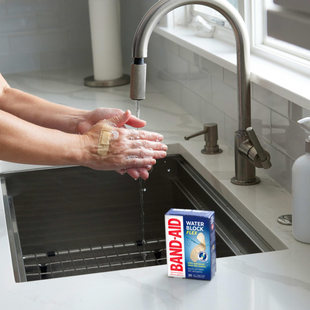Band-Aid Brand Water Block Flex 100% Waterproof Adhesive Bandages for First-Aid Wound Care of Minor Cuts, Scrapes & Wounds, Ultra-Flexible Design, Sterile, All One Size, 3 x 20 ct