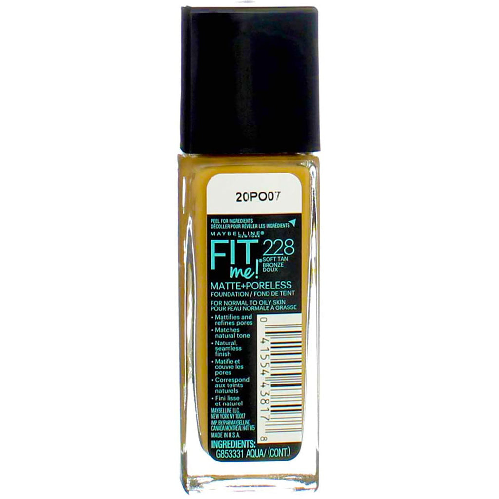 Maybelline New York Fit Me Matte + Poreless Foundation, Soft Tan [228], 1 Ounce