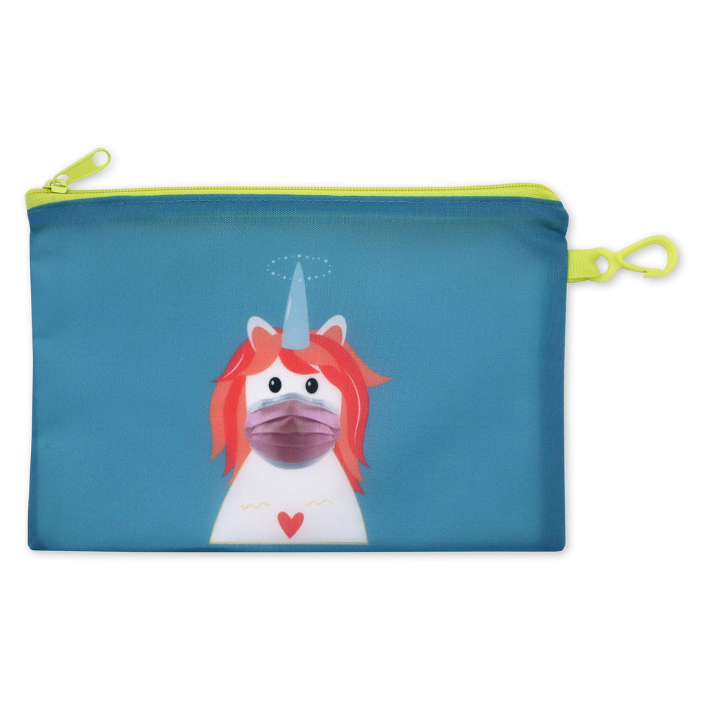 Unicorn Mask Storage Pouch and 10 Disposable Masks by ICU Health – Adorable Portable Case with Zipper and Clip for Children with 10 Disposable Kids Face Masks