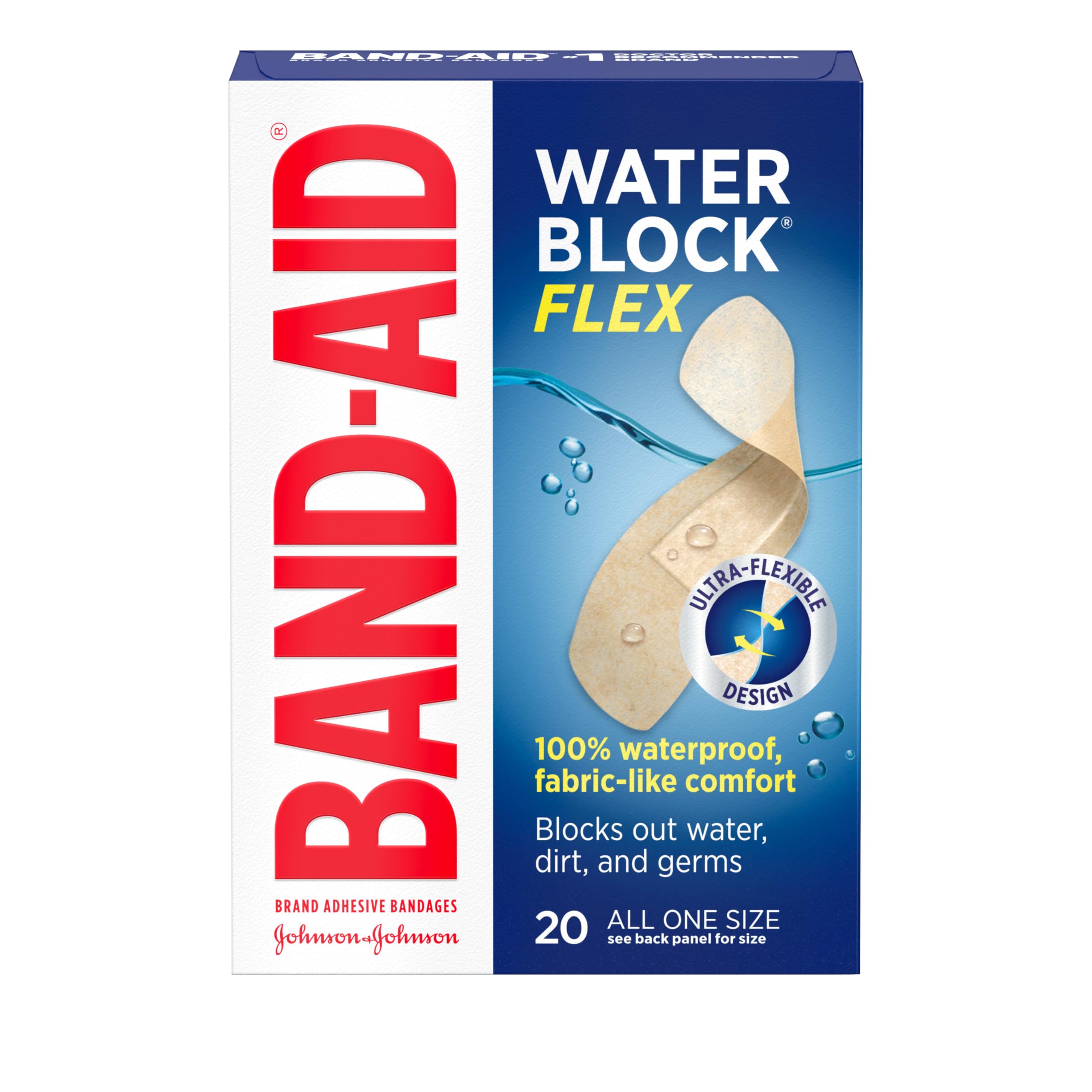 Band-Aid Brand Water Block Flex 100% Waterproof Adhesive Bandages for First-Aid Wound Care of Minor Cuts, Scrapes & Wounds, Ultra-Flexible Design, Sterile, All One Size, 3 x 20 ct