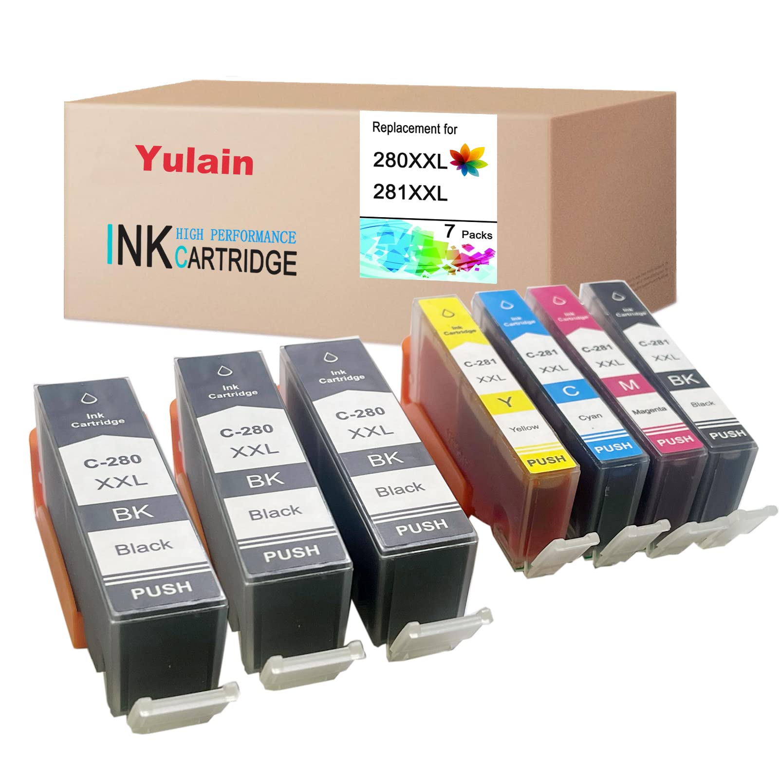Yulain Compatible Ink Cartridge Inkjet, Replacement for Canon 280 281 XXL PGI280XXL CLI281XXL PGI 280XXL CLI 281XXL, TR8520 TR8620 TS6220 TS6320 TR7520 TS6120 TS9120 TS8120 TS8320 Printer, 7 Packs