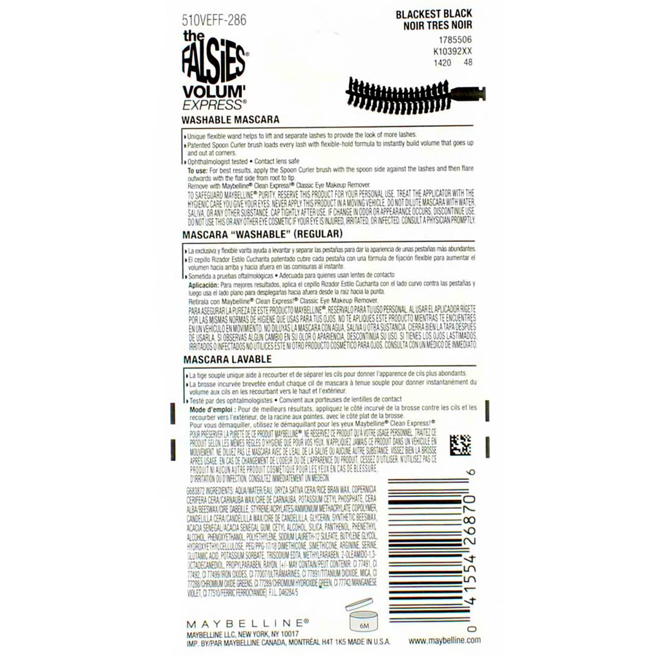 Maybelline Volum' Express The Falsies Flared Washable Mascara, Blackest Black [286], 0.31 oz (Pack of 2)